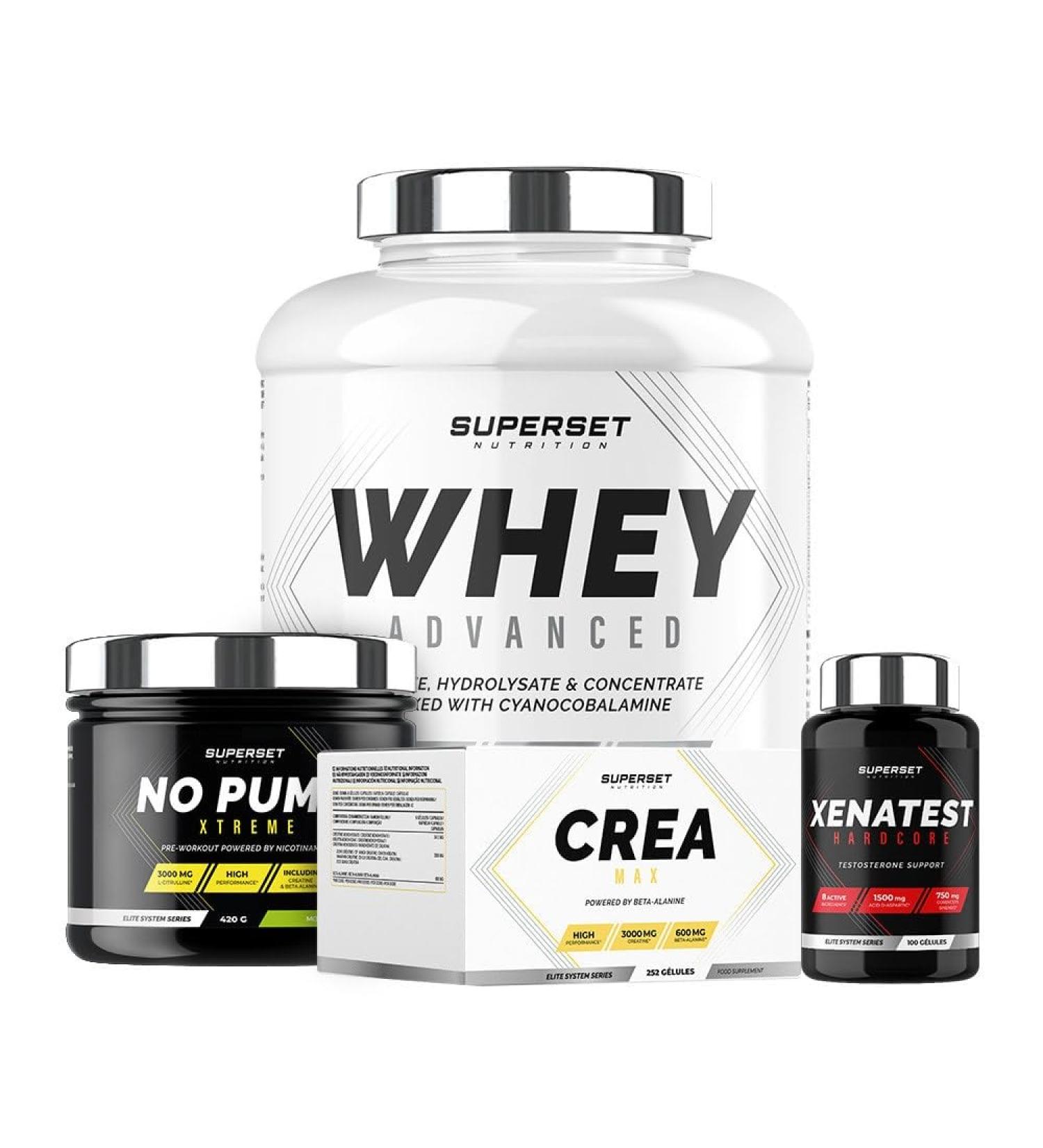 Superset Nutrition | Expert Dry Muscle Gain Program - 100% Whey Protein Advanced 2kg Choco Nut - No Pump Xtreme - Cr a Max - Xenatest Hardcore - Buy Online on GoSupps.com
