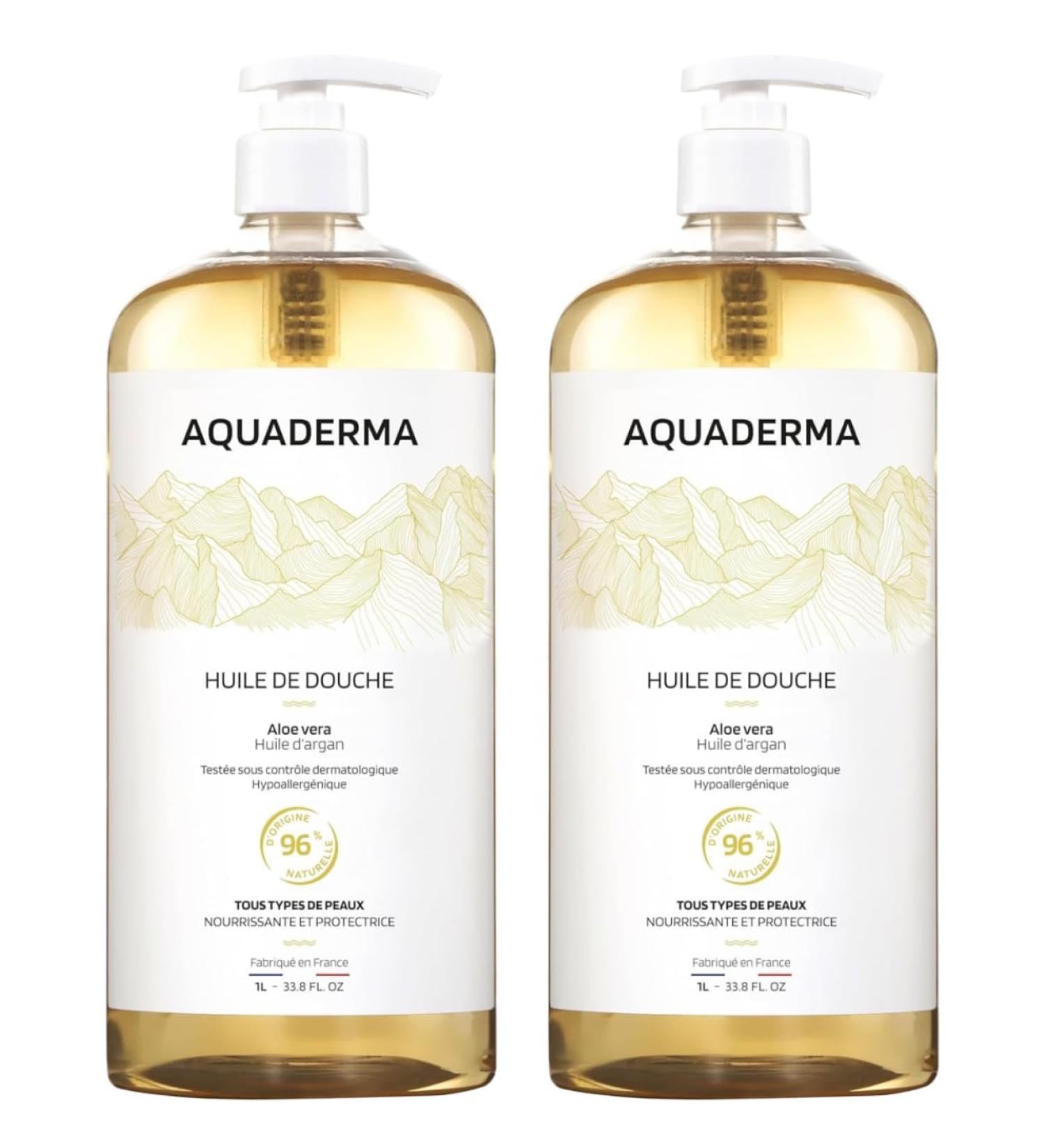  Aquaderma Aloe Vera & Argan Oil Shower Oil Set of 2 x 1L - 96% Natural Origin - Made in France - Nourishes & Protects - All Skin Types - Face & Body - Hypoallergenic - Buy Online on GoSupps.com