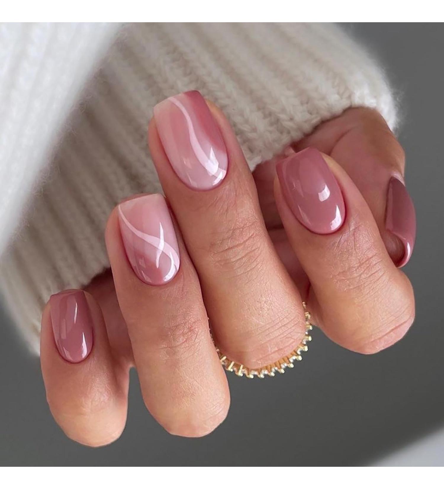 SINLOV Medium Square Fake Nails Pink Nude French False Nail Glossy Full Cover False Nails Press on Nails for Women and Girls - Buy Online on GoSupps.com
