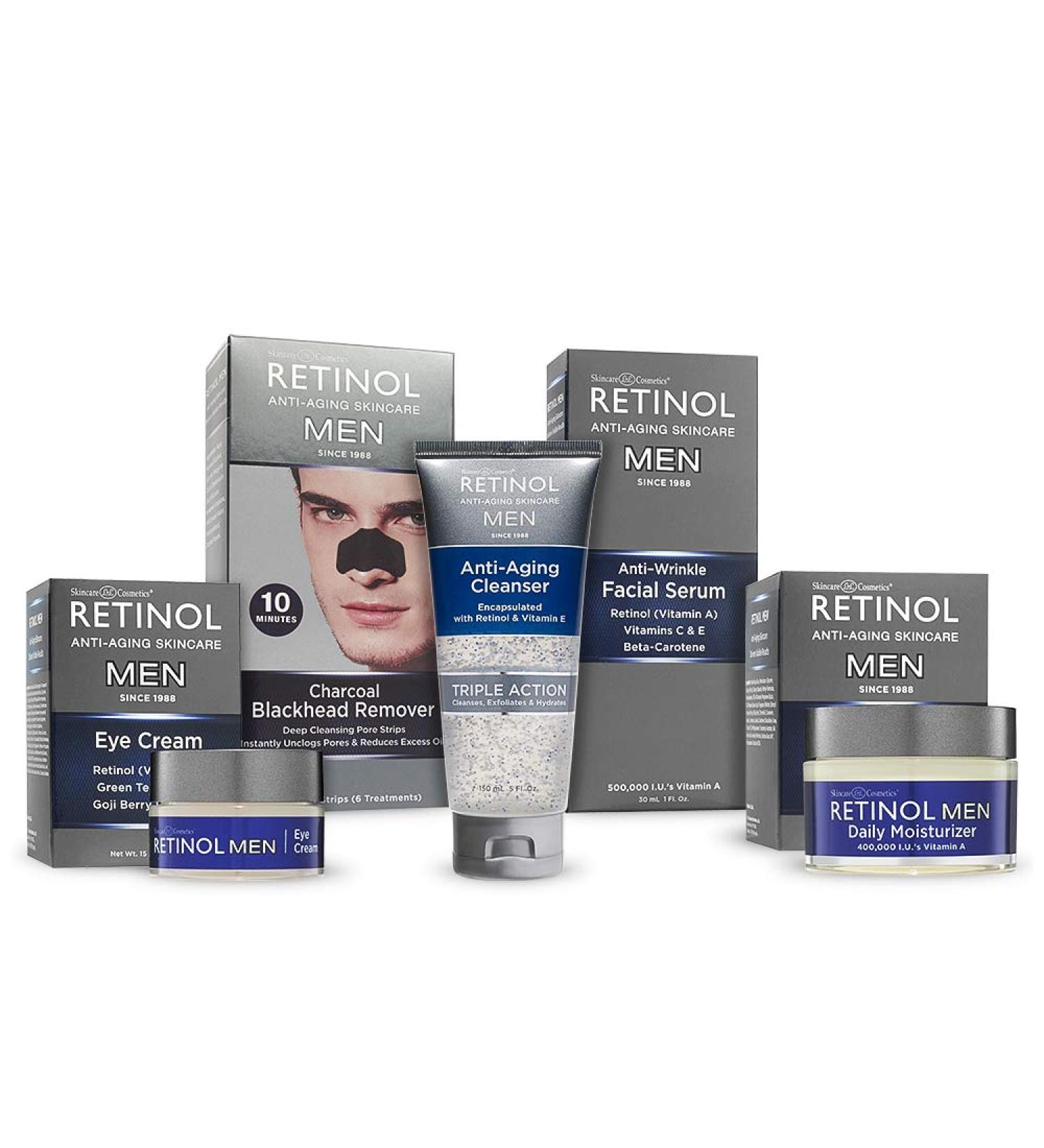 Retinol Mens gift set - Includes Daily Moisturizer Eye Cream Facial Serum Gel Cleanser and Blackhead Remover