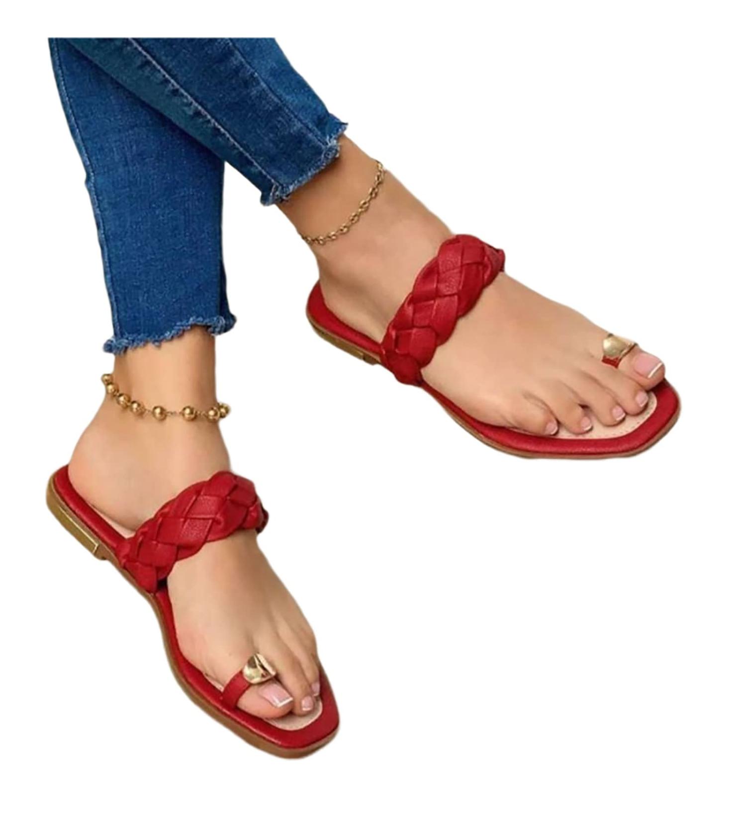 Summer Braided Flip Flops for Women - Fashionable Orthopedic Bunion Corrector Slippers | Casual Leather Ring Toe Beach Shoes - Size 6.5 Red - Buy Online on GoSupps.com
