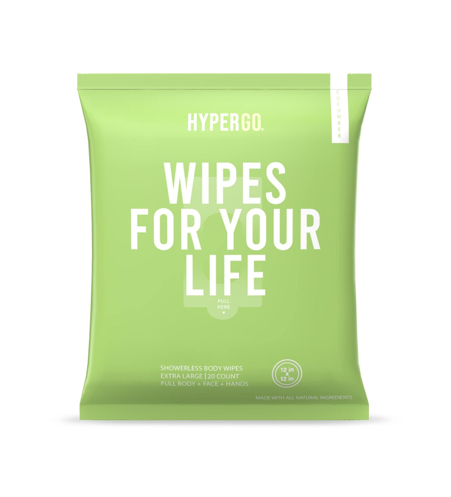 Hypoallergenic Biodegradable Bathing Wipes - 20 Count X-Large Cucumber - Refreshing Anytime Anywhere - Post Workout, Camping, Travel - All Natural - HyperGo Full-Body Rinse-Free - Pack of 1 - Buy Online on GoSupps.com