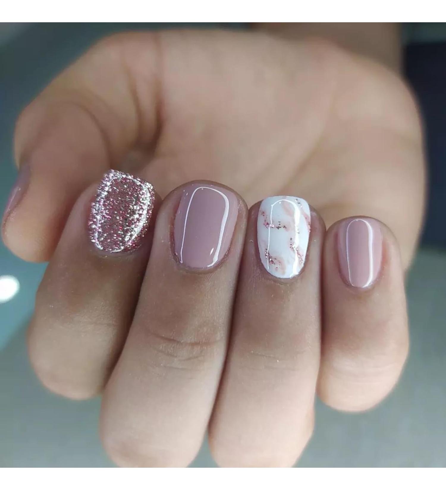 24Pcs Purple White Glitter False Nails - Short Squoval Press On Nails with Glue for Women & Girls - Buy Online on GoSupps.com