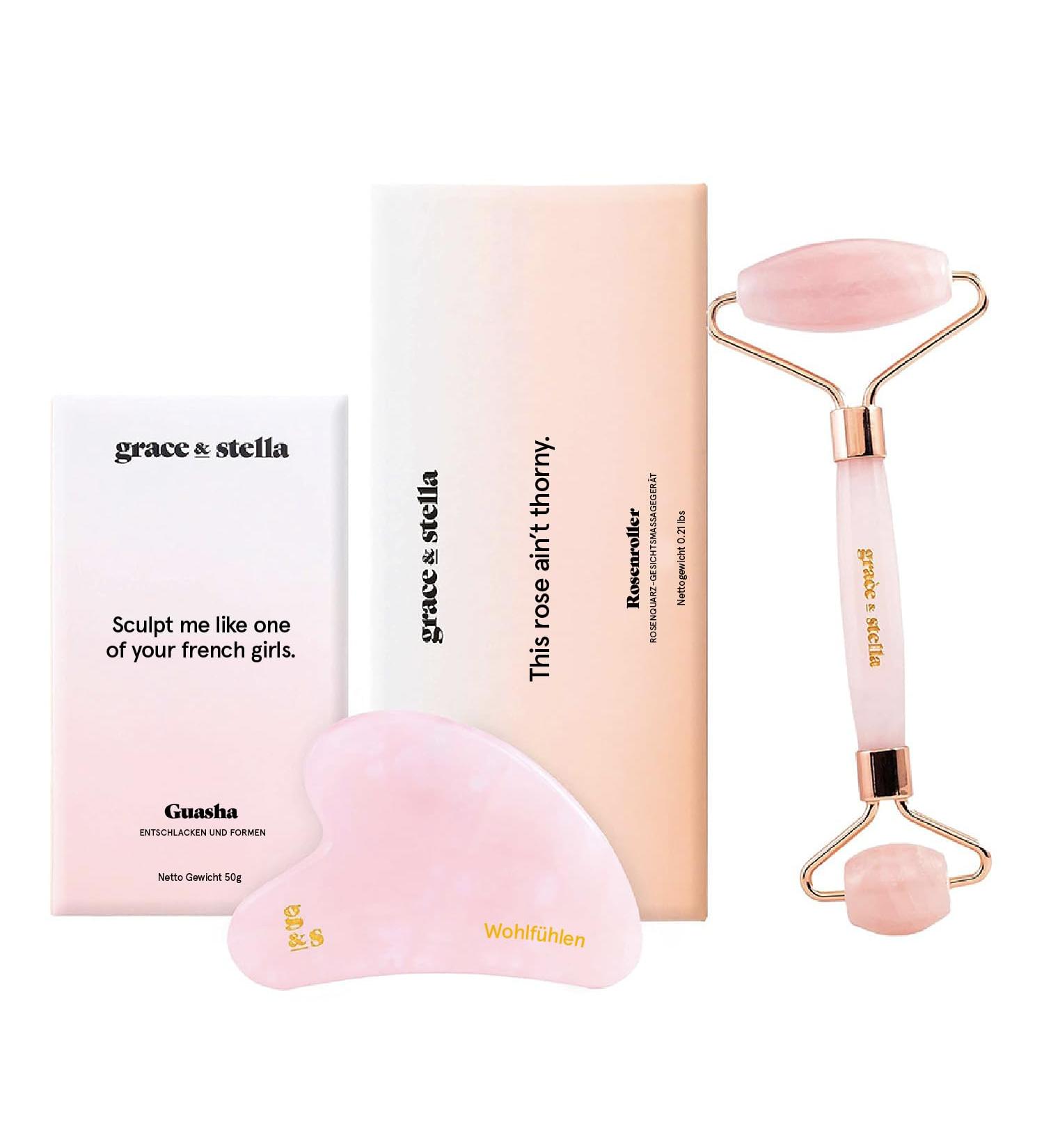 Grace & Stella Facial Roller & Gua Sha Duo - Rose Quartz & Jade Facial Massage Tools for Glowing Skin - Buy Online on GoSupps.com