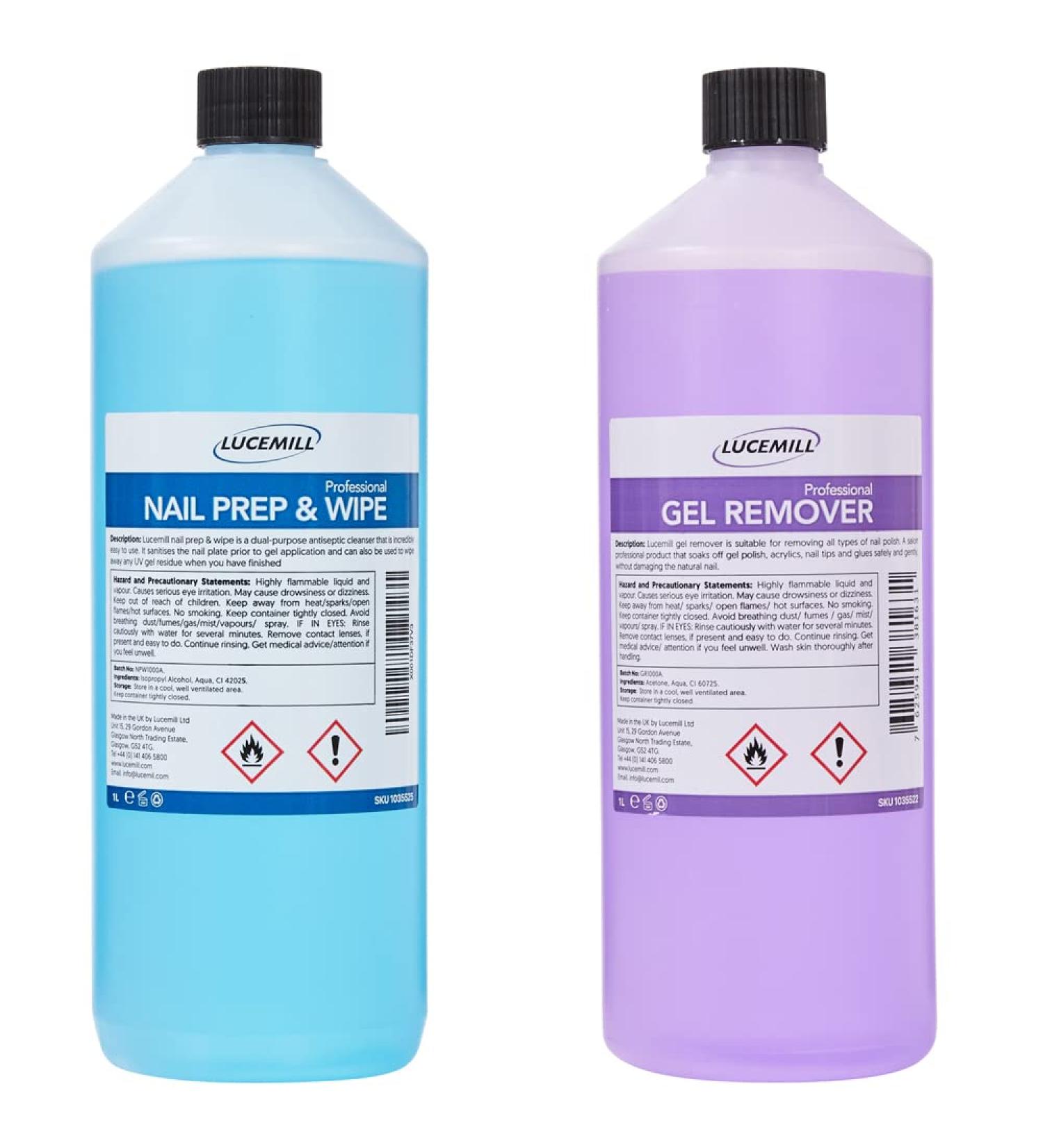 Lucemill 1 Litre Nail Polish Prep & Wipe + 1 Litre Gel Remover Set | Gel Nail Polish Remover & Acetone Nail Polish Remover I Gel Wipe Off Solution for Gel Nails