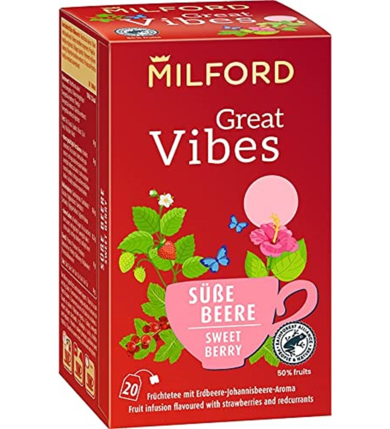 Milford Great Vibes Sweet Berry Fruit Tea - Strawberry-Currant Flavor | 20 Tea Bags | International Shipping - Buy Online on GoSupps.com