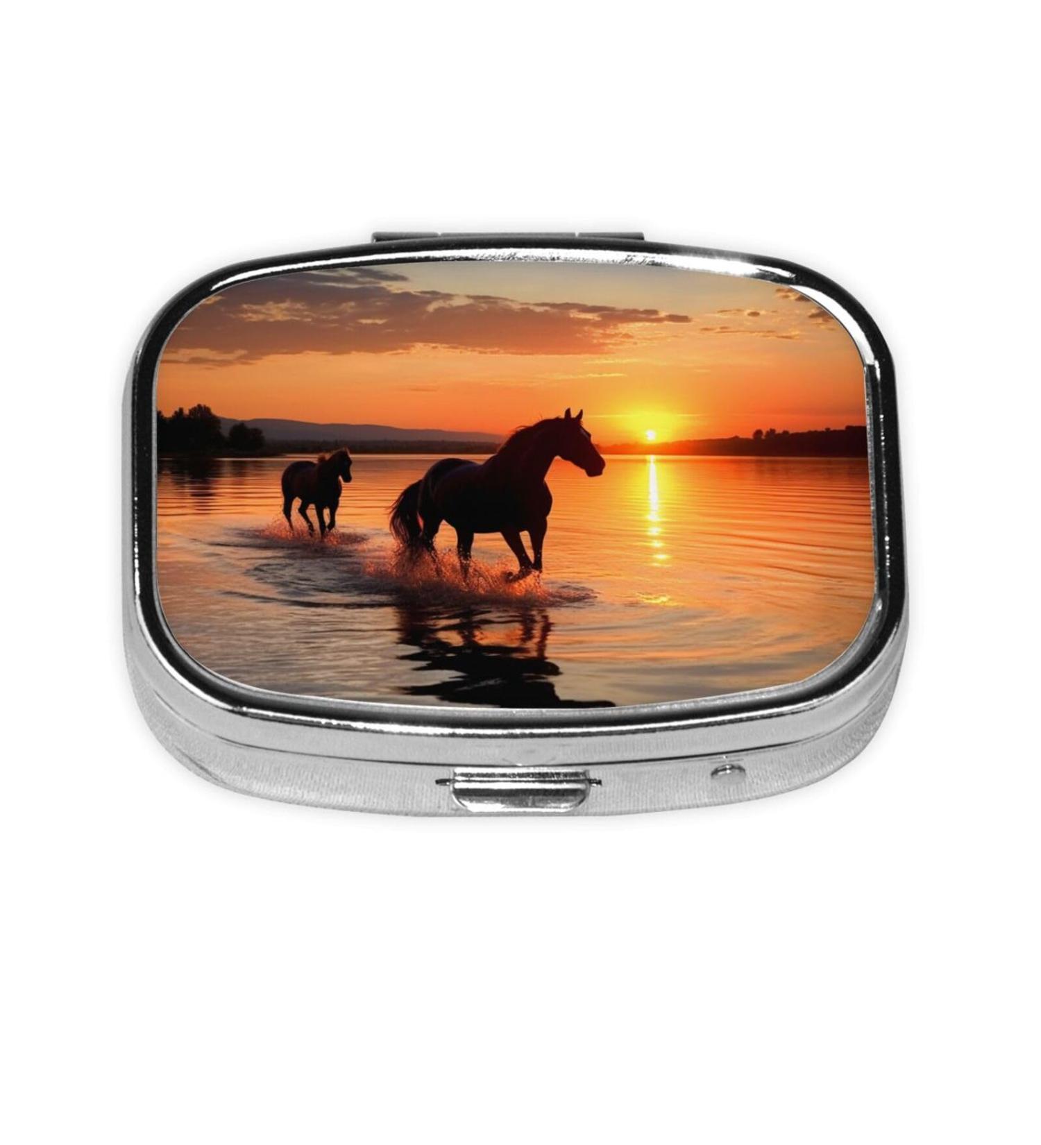 Sunsets Lake Horses Small Pill Case | Cute 2 Compartment Travel Pill Box | Portable Pill Organizer for Purse & Gifts - Buy Online on GoSupps.com