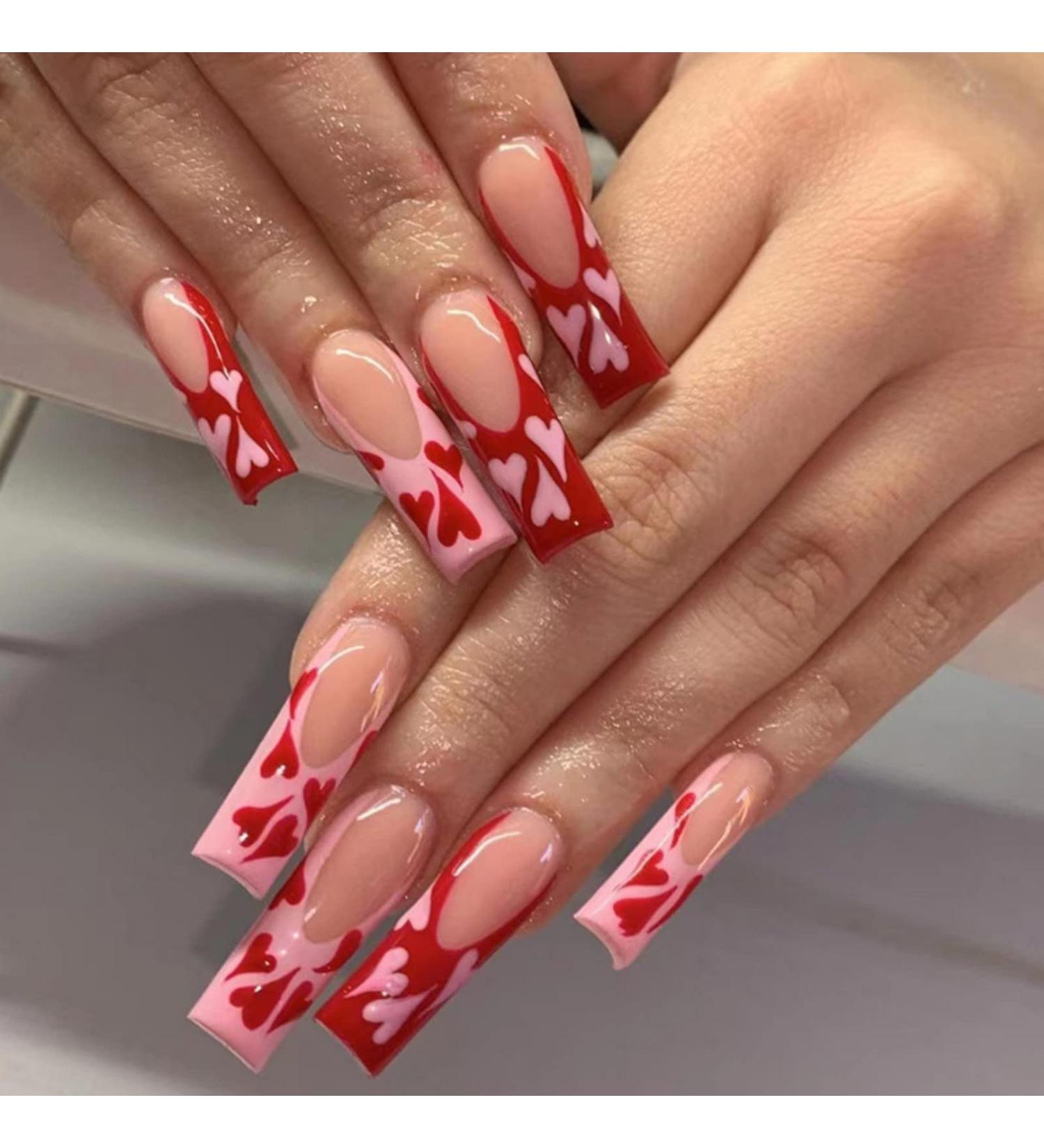 Justotry 24 Pieces Coffin Nails - Pink Heart & Red French Press-On Artificial Nails with Glue for Women - Medium Ballerina Fake Fingernails - Buy Online on GoSupps.com