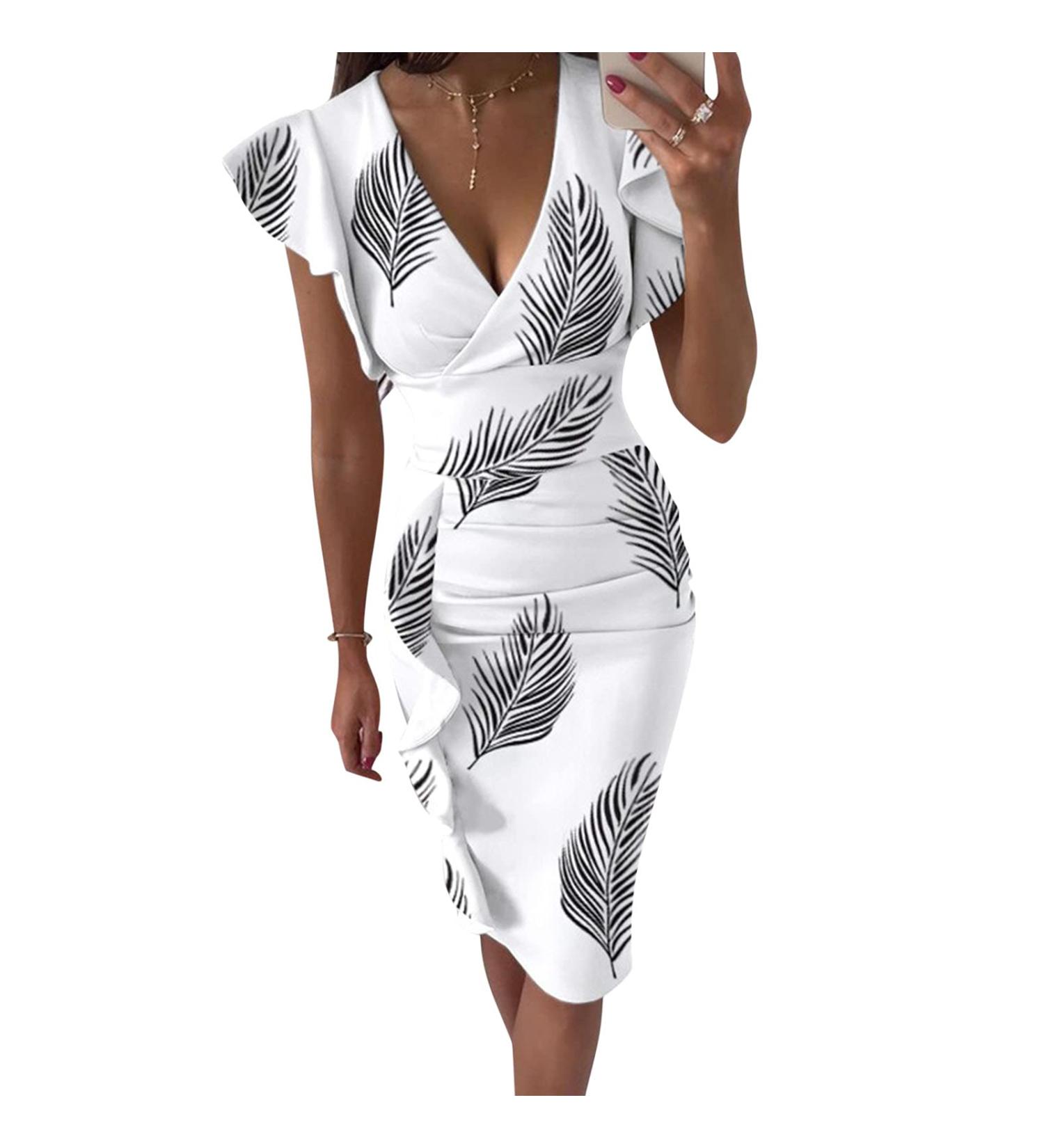 Briskorry V-Neck Floral Summer Dresses for Women - Elegant Bustier Party Dress with Ruffled Hems & Moored Sleeves | Plus Size Vintage Style XXL White - Buy Online on GoSupps.com