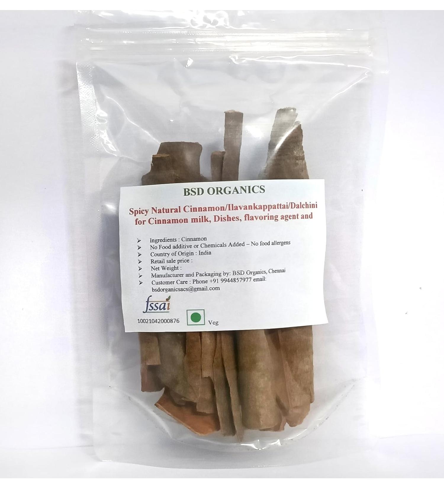BSD Organics Spicy Natural Cinnamon/Ilavankappattai/Dalchini for Cinnamon milk Dishes flavoring agent and more- 50Gram