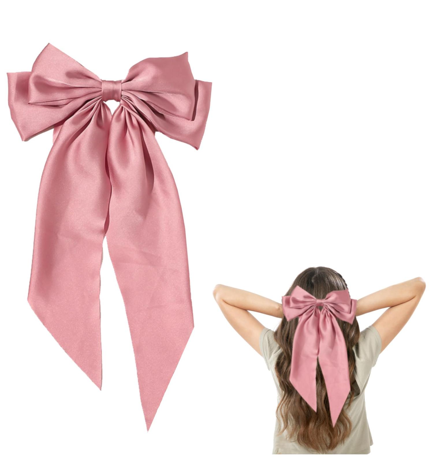 Pink Satin Big Bow Hair Barrette Clip - Solid Color Large Bow Hairpin for Women, Girls, Teens - Buy Online on GoSupps.com