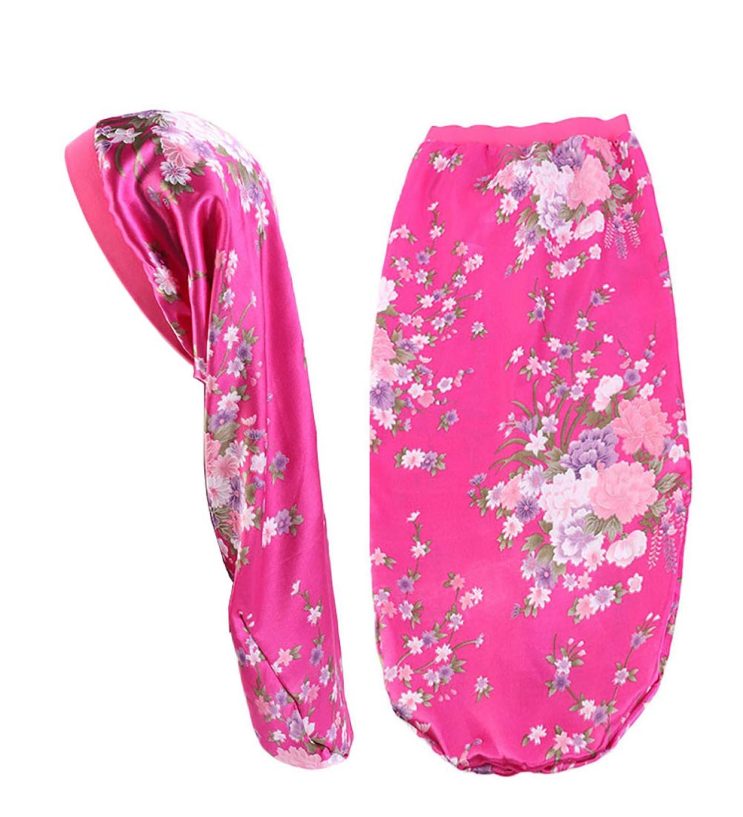 Extra Long Satin Bonnet Sleep Cap Long Bonnet for Braids Hair Loose Cap (Fuchsia Flowers)
