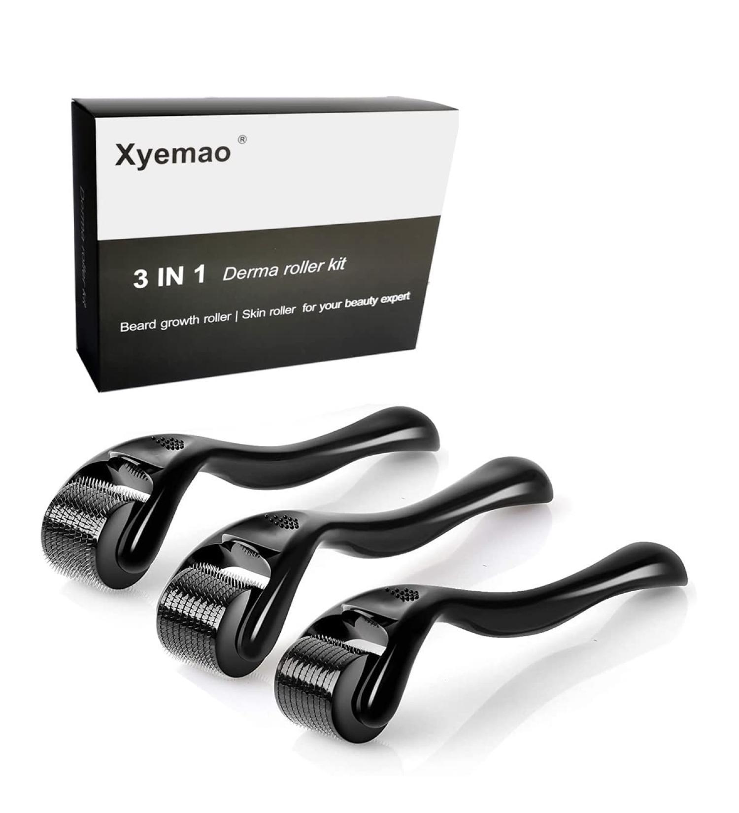 Xyemao 3-in-1 Titanium Derma Roller Set for Beard, Hair, Skin, and Face - Self Care Gifts for Men and Women - 540 Microneedles (0.5mm, 1.0mm, 1.5mm) - Black - Buy Online on GoSupps.com