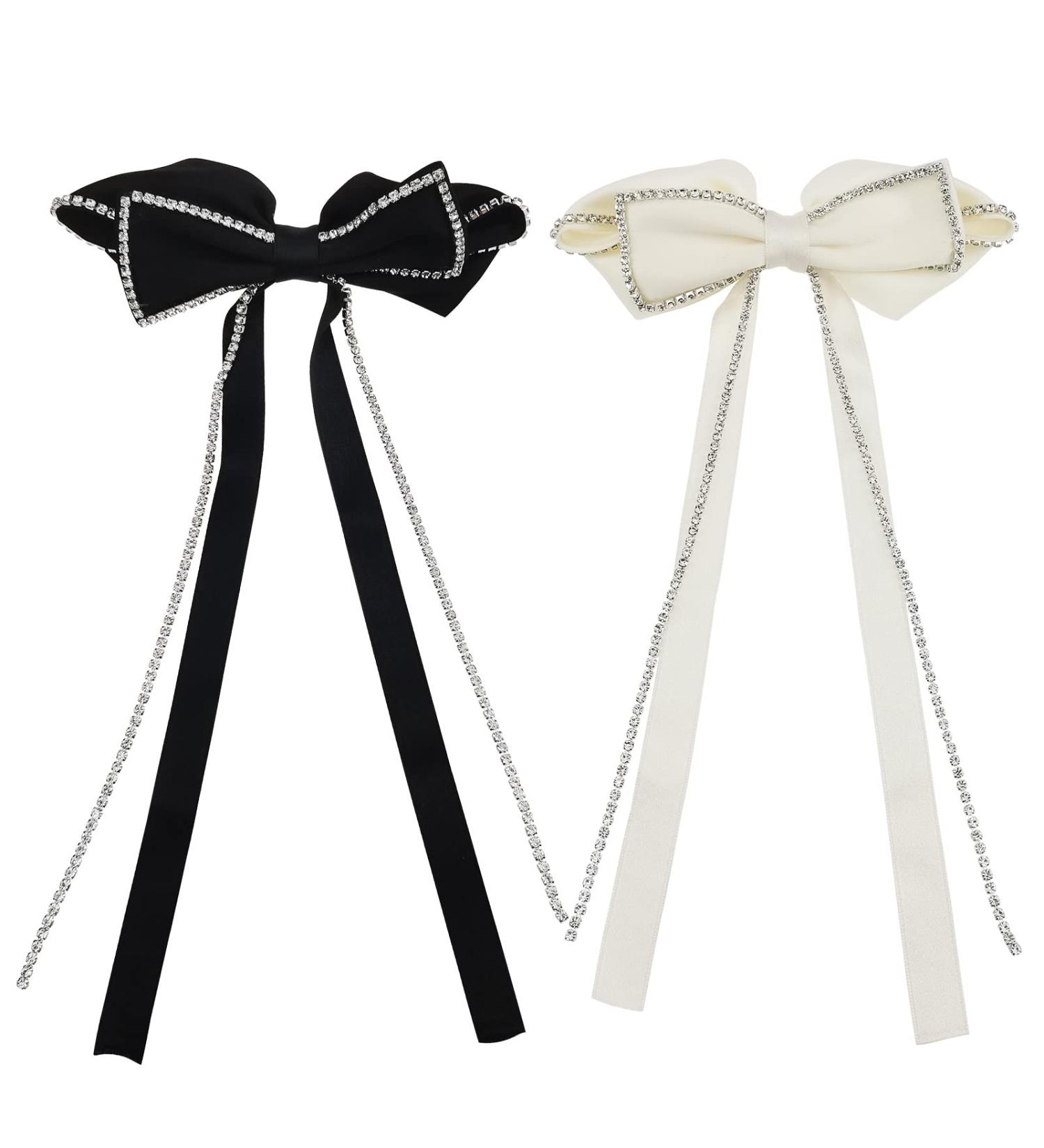 2 Pack Sparkly Rhinestone Tassel Hair Bows Clips for Women and Girls - Black & White - Buy Online on GoSupps.com