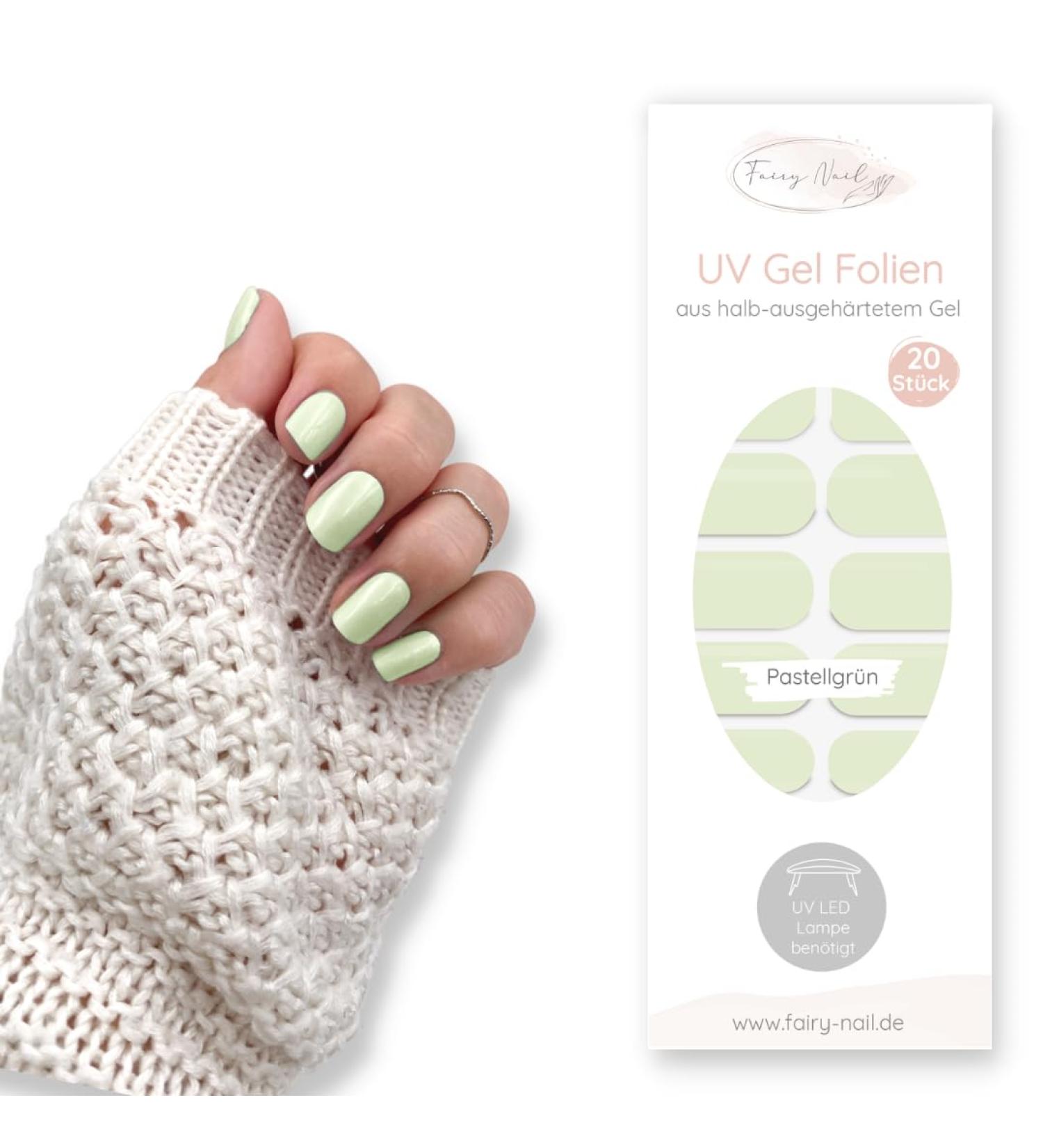 Fairy Nail UV Gel Foils - Self-Adhesive Pastel Green Nail Wraps (20 Pieces) for Easy Manicure - Perfect Half-Cured Nail Polish Strips - Buy Online on GoSupps.com
