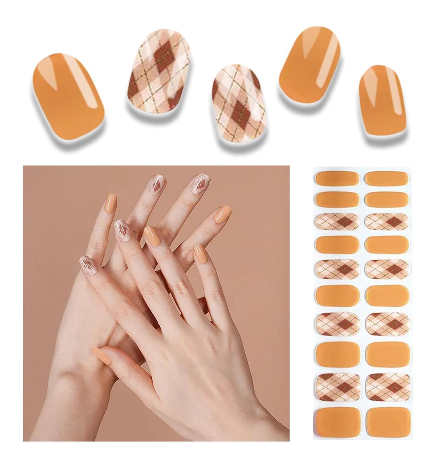 Foyute Semi Cured Gel Nail Strips 20 Pcs Soft Self-Adhesive Gel Nail Polish Wraps Sticker for Salon-Quality Manicure Set Long Lasting Easy to Apply & Remove Nail File & Wooden Stick (Yellow) - Buy Online on GoSupps.com