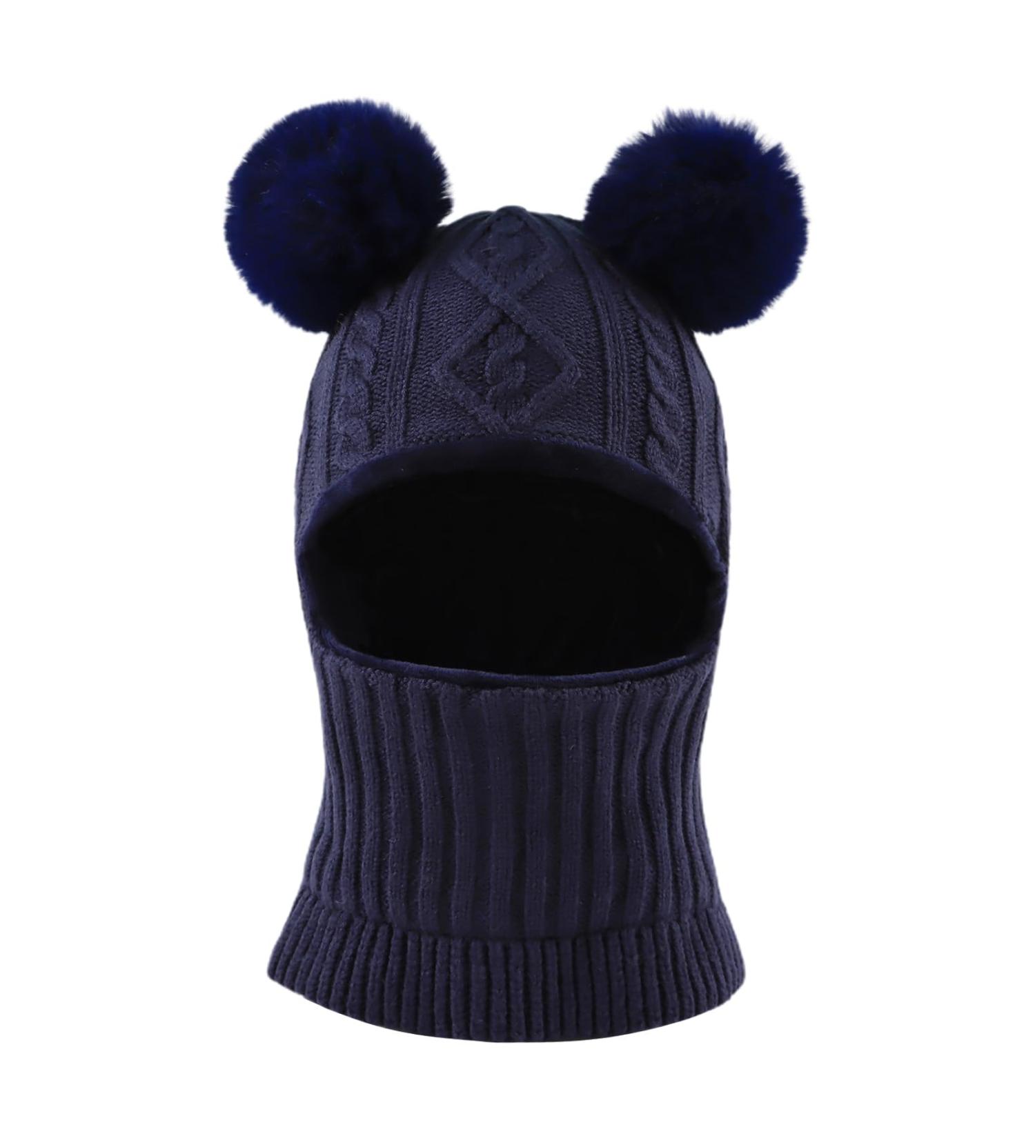 XIAOHAWANG Winter Warm Kids Knit Earflap Hat with Fleece Lining - Navy Pompom | Ages 3-10 - Buy Online on GoSupps.com