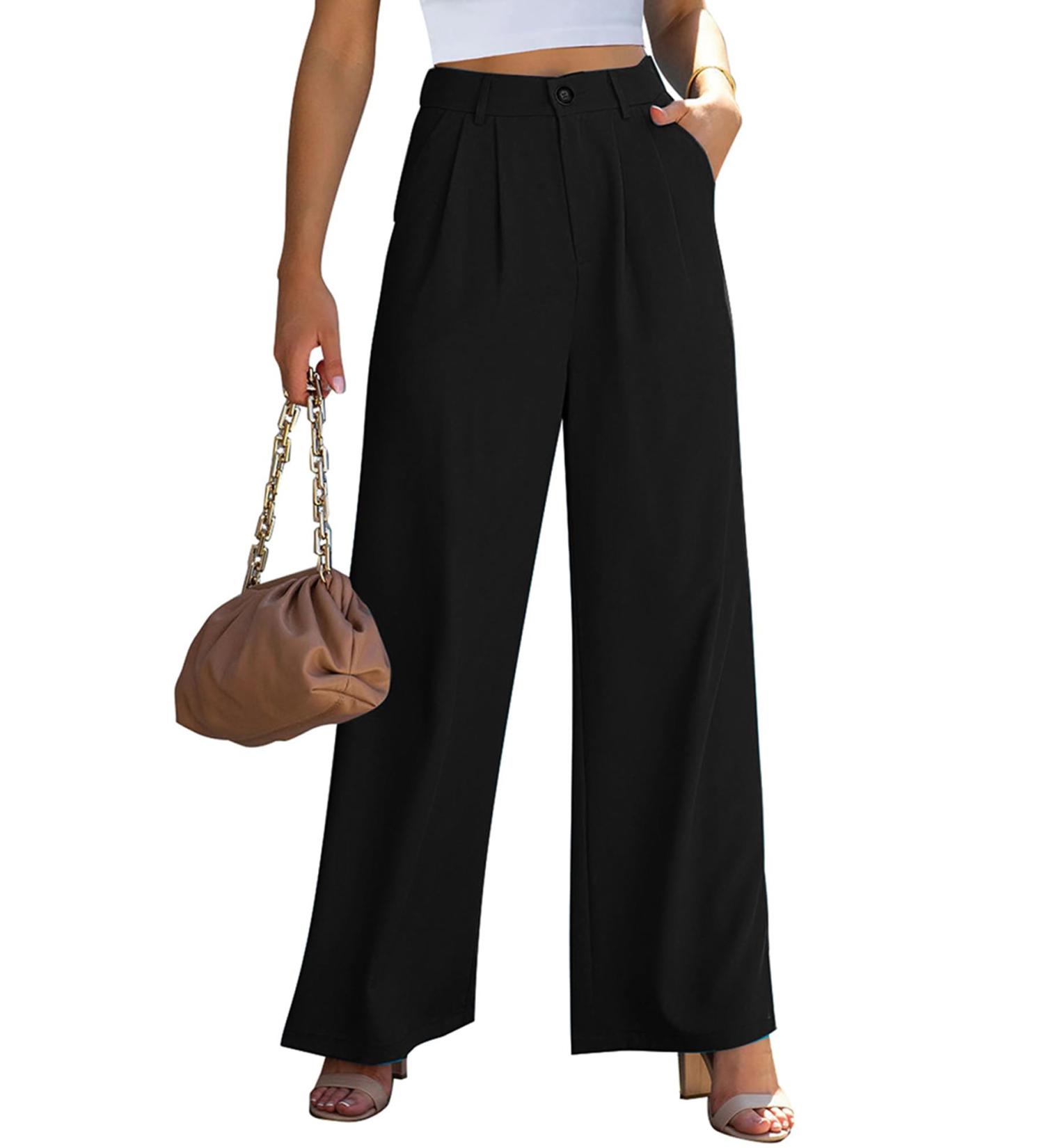 Vetinee High Waisted Wide Leg Dress Pants for Women | Business Office Trousers with Pockets | Black - Buy Online on GoSupps.com