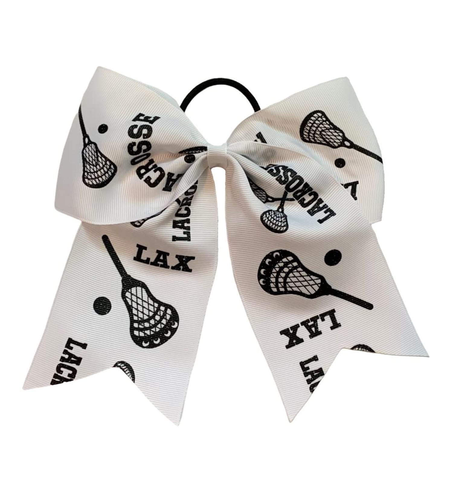 NEW "GLITTERY LACROSSE" Cheer Bow Pony Tail 7 Inch Girls Hair Cheerleading Games Sports Team Tournaments Lacrosse Ball Sticks Grosgrain Ribbon