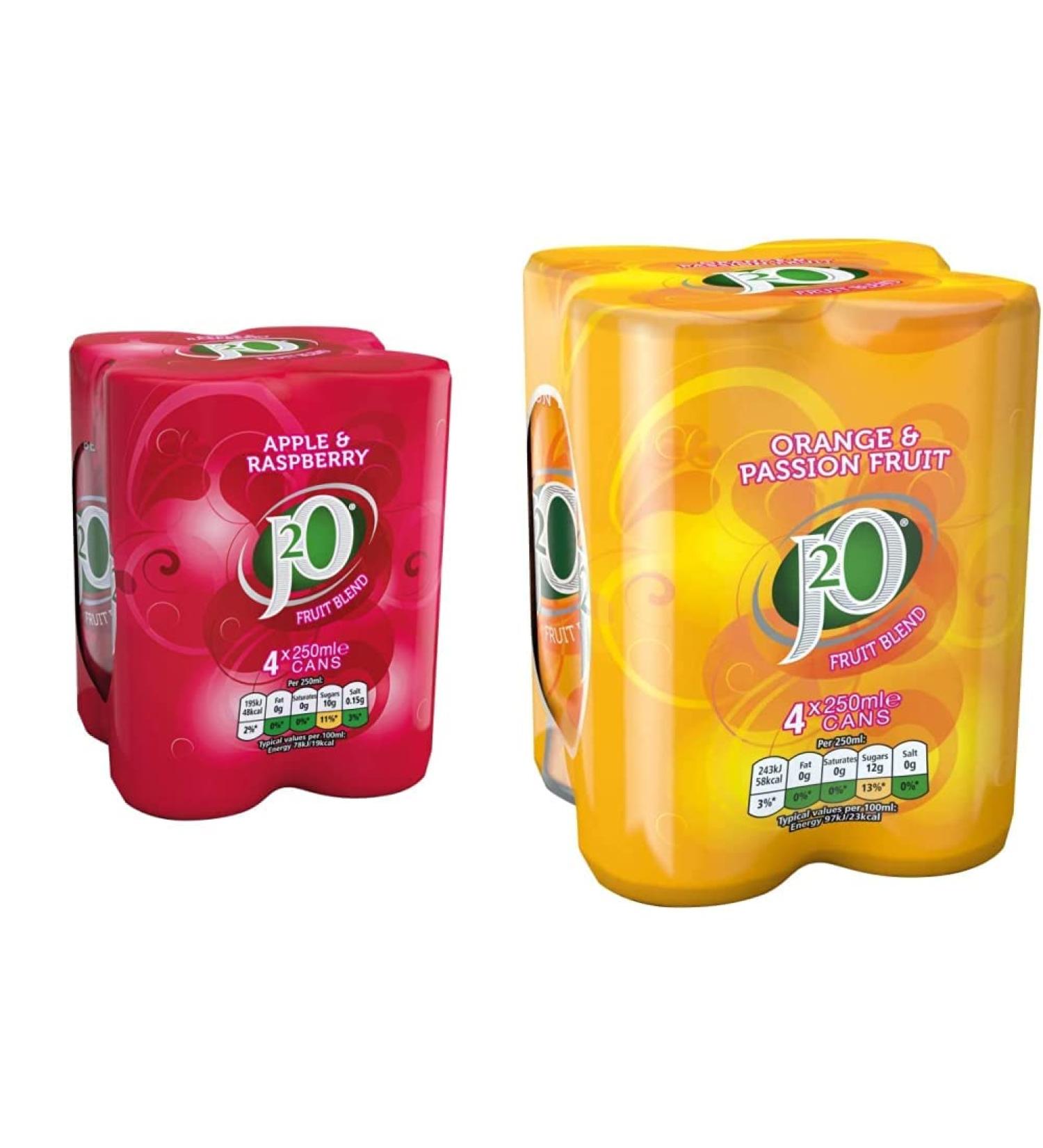 J2O Apple & Raspberry Fruit Blend 4 x 250ml & Orange & Passion Fruit Blend 4 x 250ml + Orange & Passion Fruit Blend 4 x 250ml - Buy Online on GoSupps.com