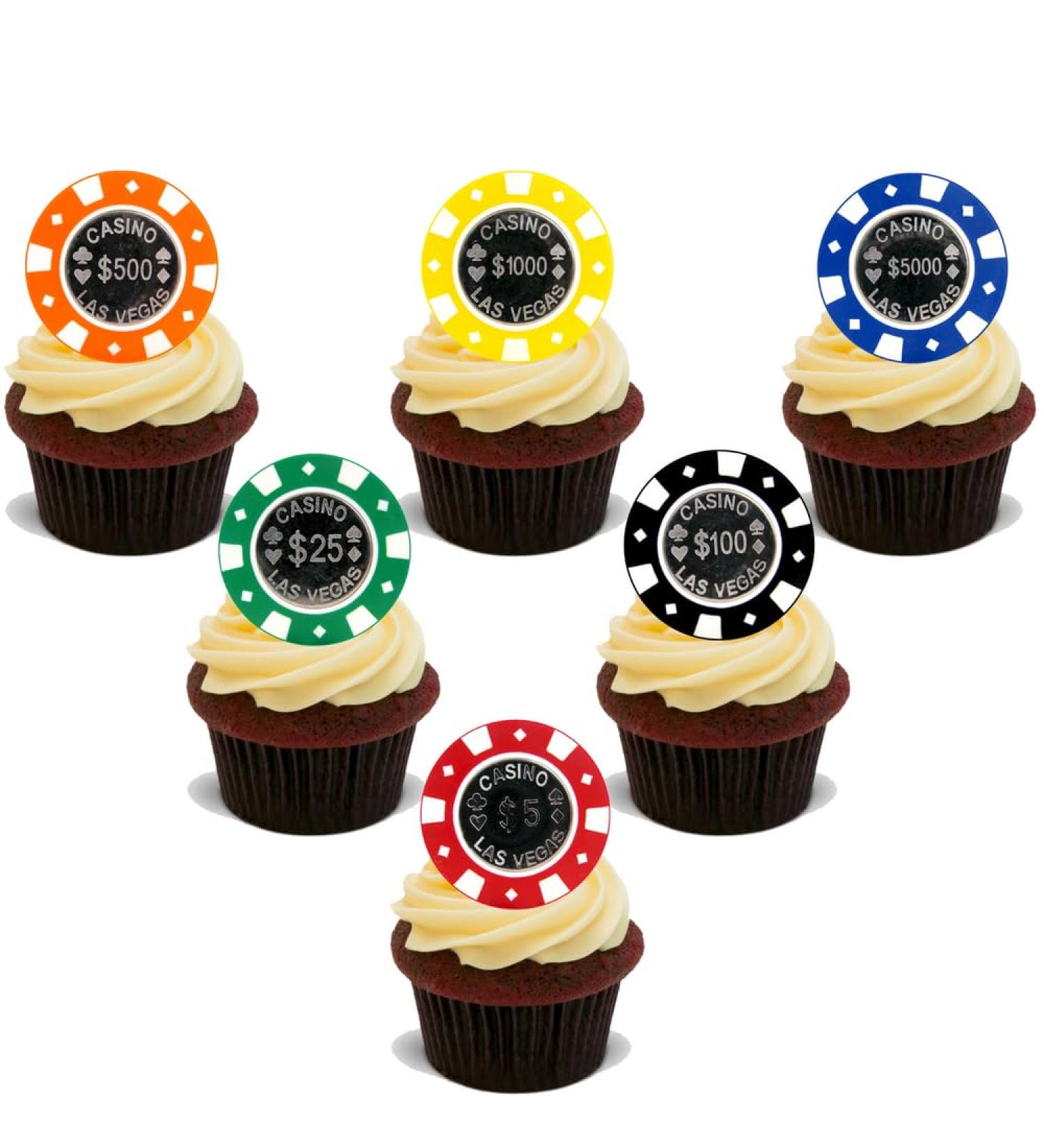 30x CASINO VEGAS POKER CHIPS Premium Edible Stand Up Rice Wafer Cake Toppers D3