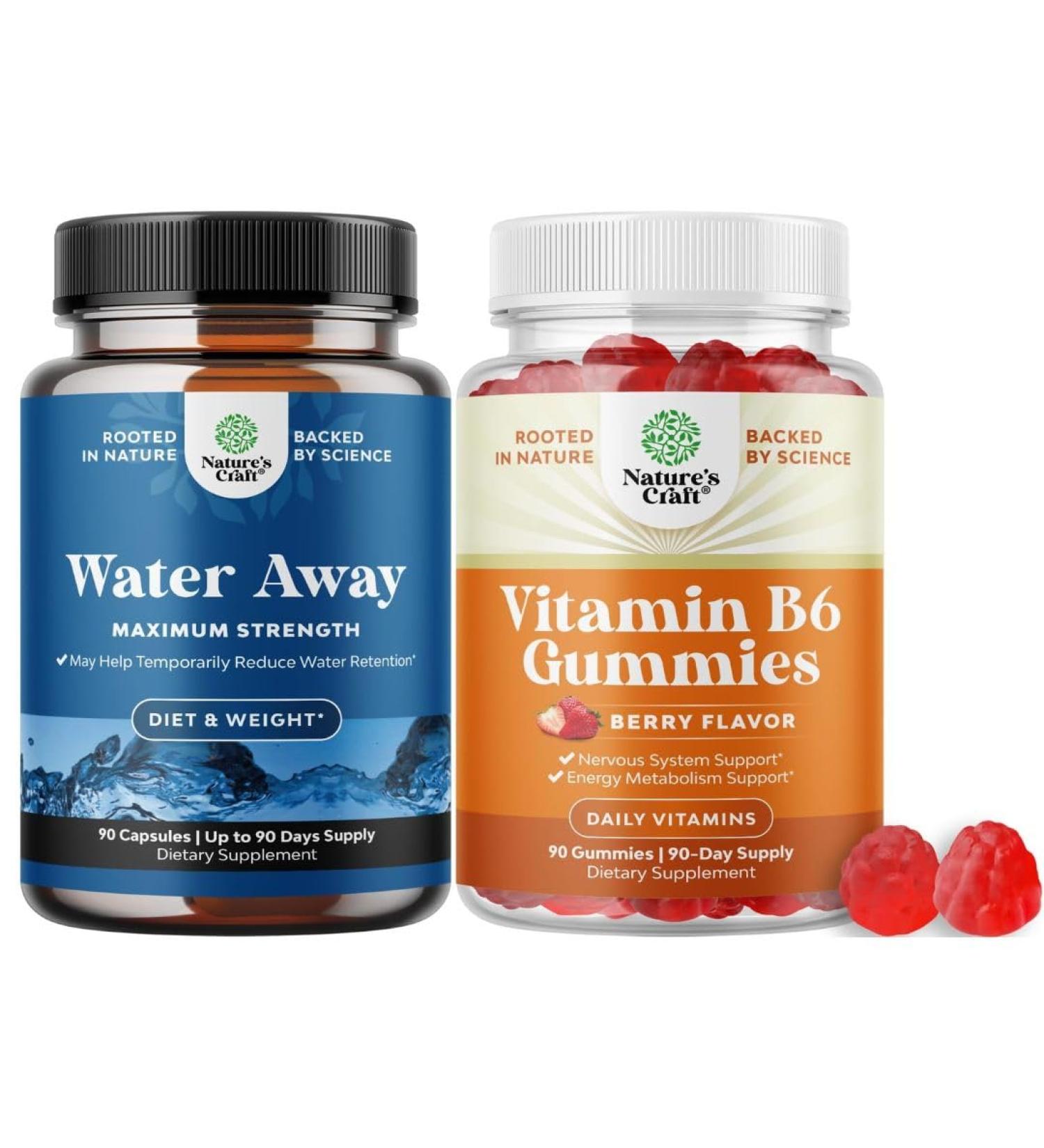 Bundle of Water Away Herbal Diuretic Pills High Strength with Dandelion Leaf Extract & Green Tea for Bloating Relief and Potent Vitamin B6 Gummies - 50mg Per Serving for Immune Nerve & Mood Support - Buy Online on GoSupps.com