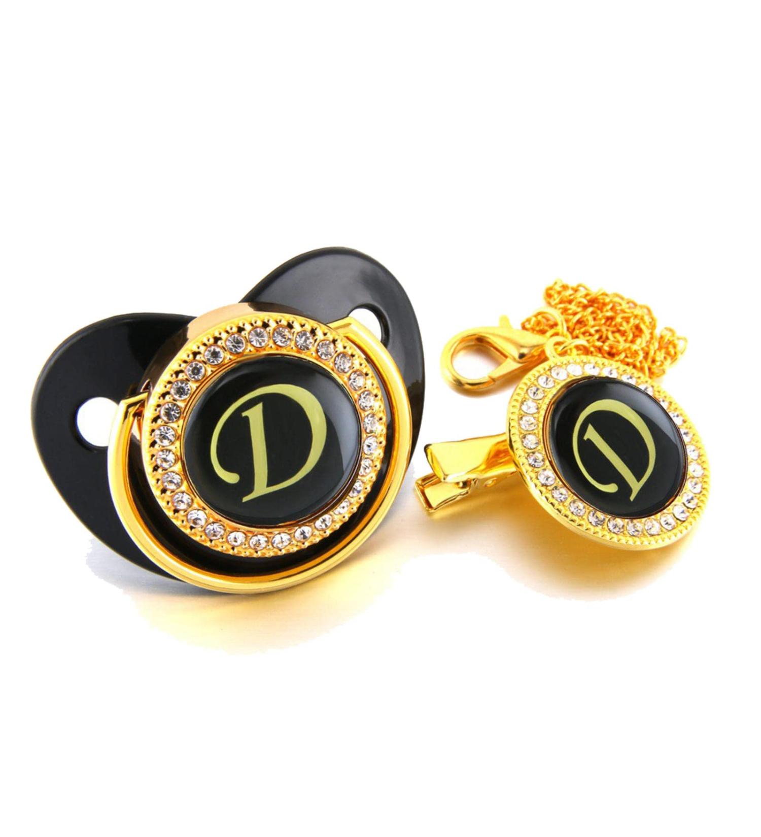 Luxury Black Pacifier with Name Initials & Chain Clips for Babies 0-18 Months | Bling Dummy & Accessories - Buy Online on GoSupps.com