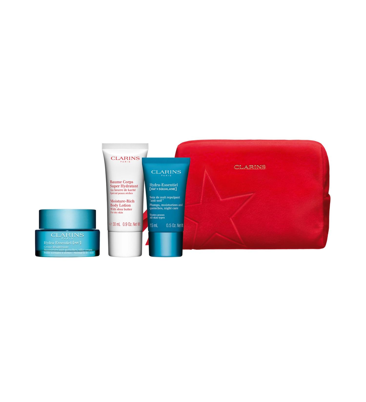 Clarins Gift Set | Hydra-Essentiel Collection 95ml | Worth 58 | Moisture Rich Body Lotion 30ml Hydra-Essentiel HA Silky Cream 50ml Hydra-Essentiel HA Night Cream 15ml  - Buy Online on GoSupps.com