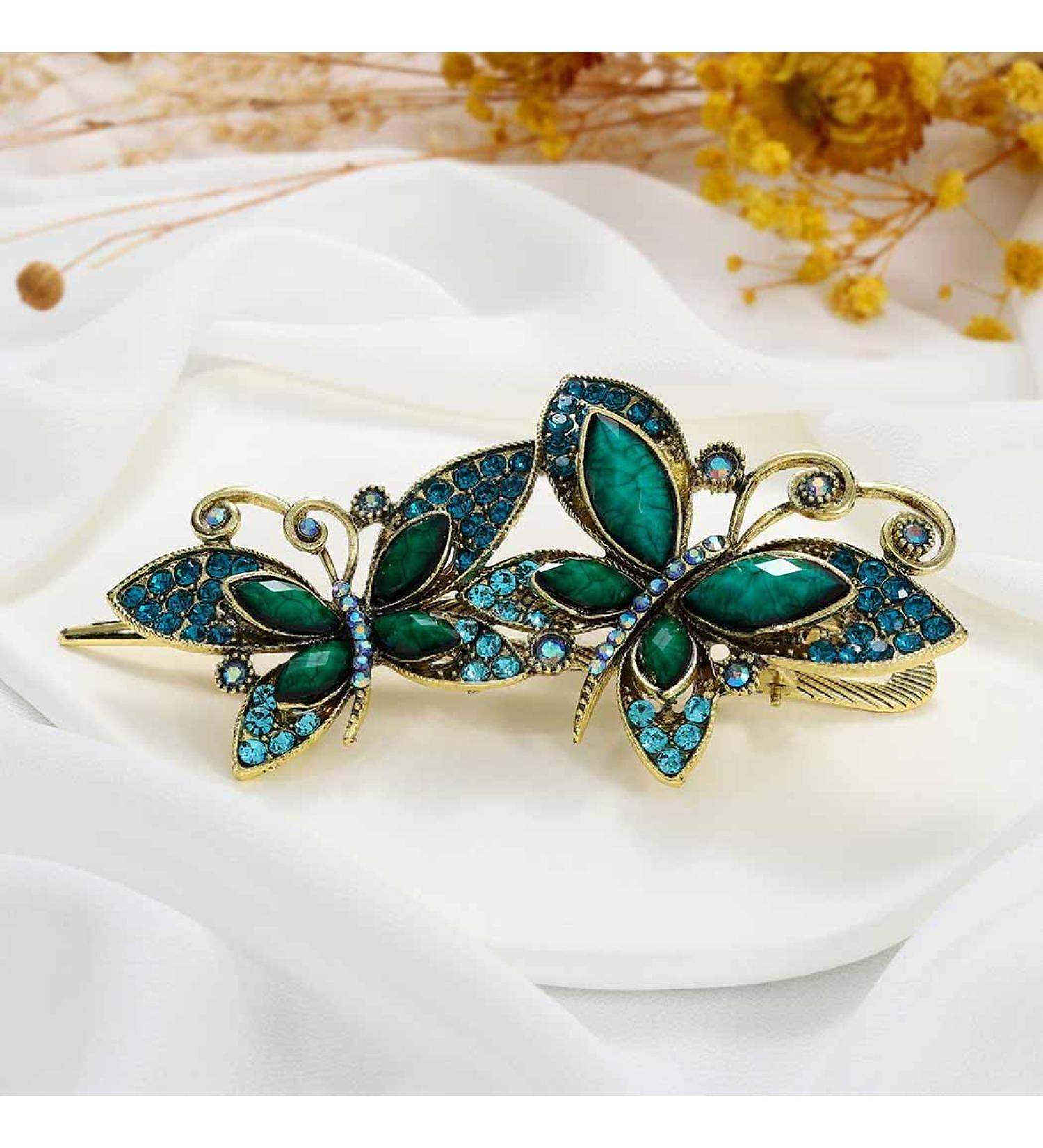 Vintage Gold Green Crystal Butterflies Hair Clip | Prom Hair Accessories for Women - Buy Online on GoSupps.com