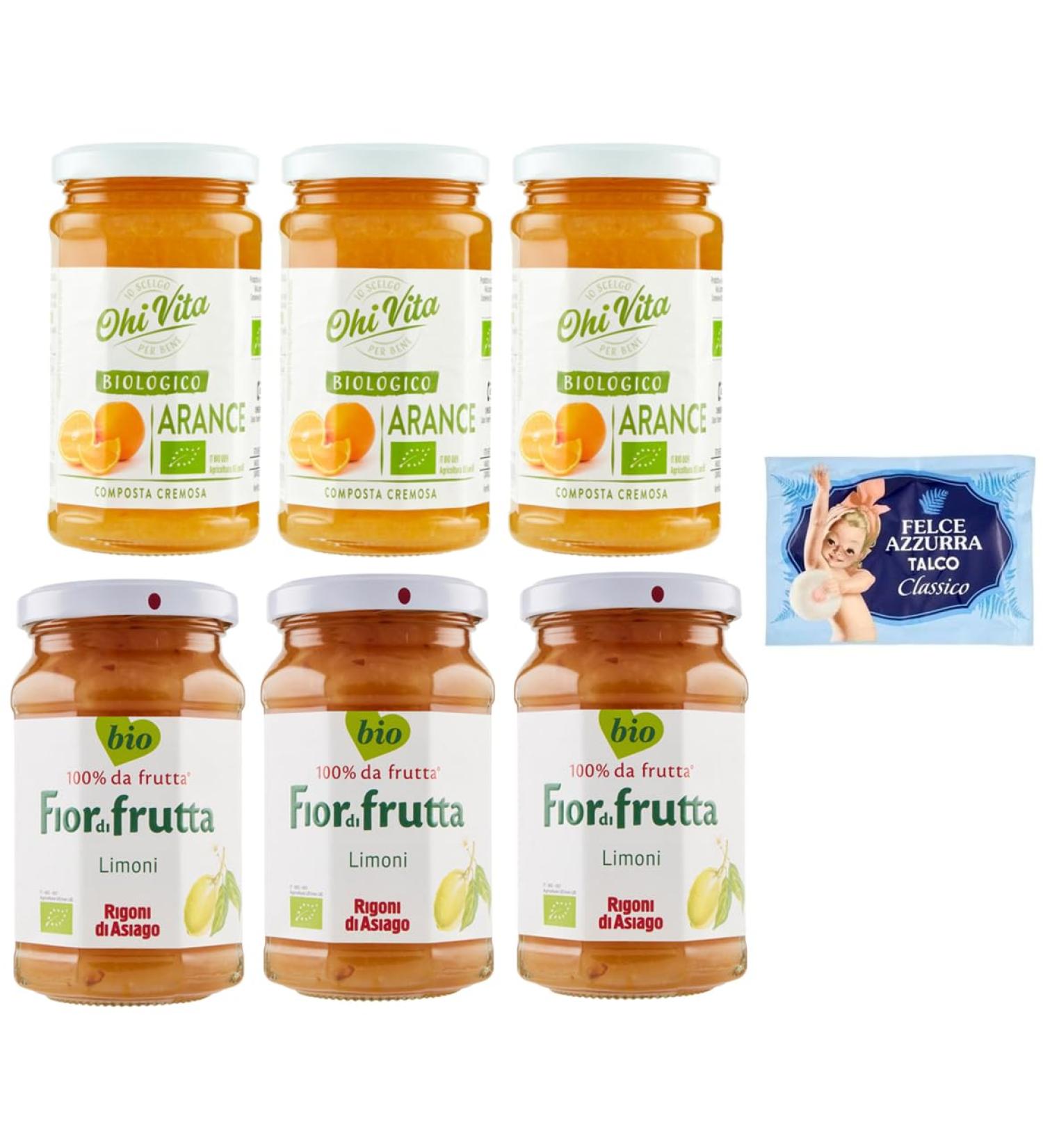 Lot of 6 packets of Ohi Vita Oranges confiture test + Rigoni di Asiago Creamy fruit compote 250 g pot + 1 sachet of Felce Azzurra talc 100 g - Buy Online on GoSupps.com