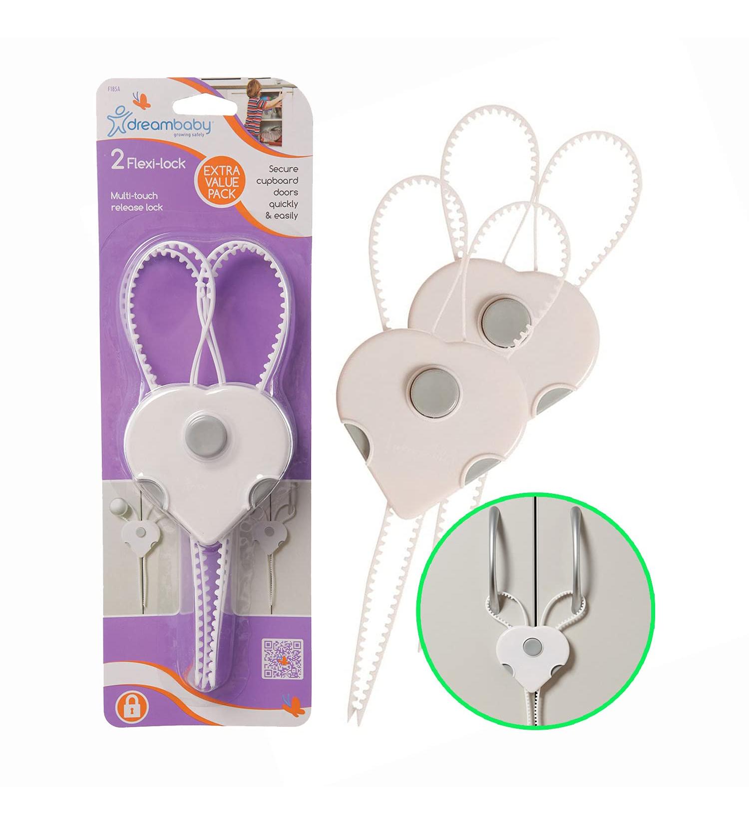 Dreambaby Flexi Lock - Cabinet & Drawer Handle Locks | Cabinet Safety Straps with Multi-Touch Release System - White (2 Count) - Buy Online on GoSupps.com
