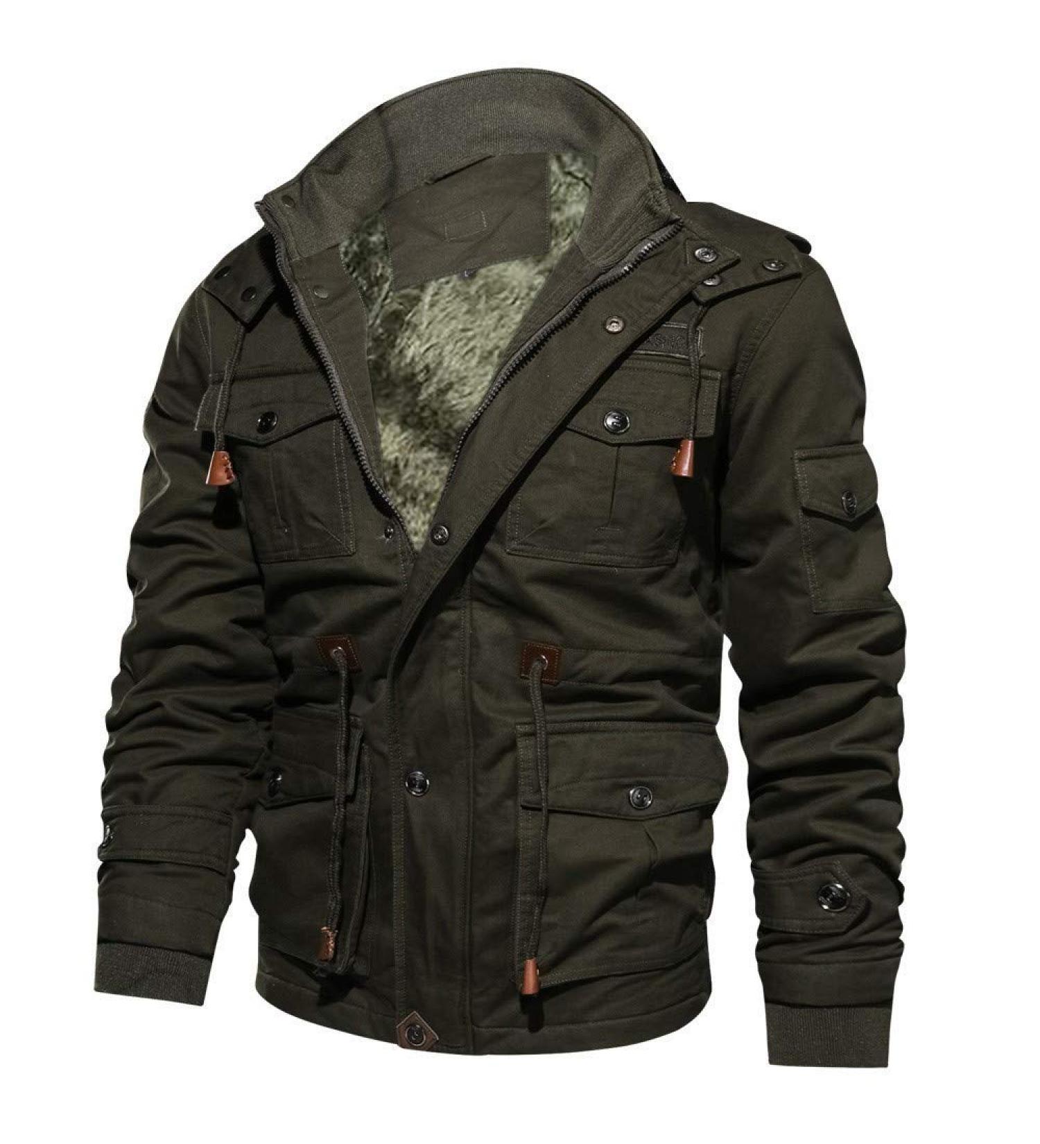 Hanxiulin Men's Fleece Plush Jacket - Warm Oversized Zippered Winter Coat with Hood | Perfect for Hiking & Cold Weather Army Green - Buy Online on GoSupps.com