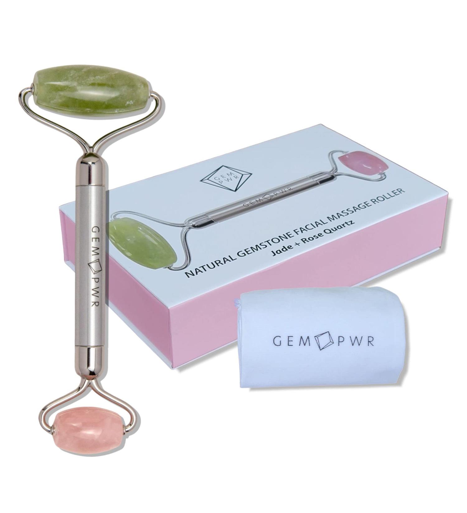 GEM PWR Rose Quartz + Jade Roller for Face and Neck Massage - Dual Gemstones with Steel Handle and Travel Bag for Minimizing Wrinkles and Puffiness, Restoring Skin's Elasticity and Radiance - Buy Online on GoSupps.com