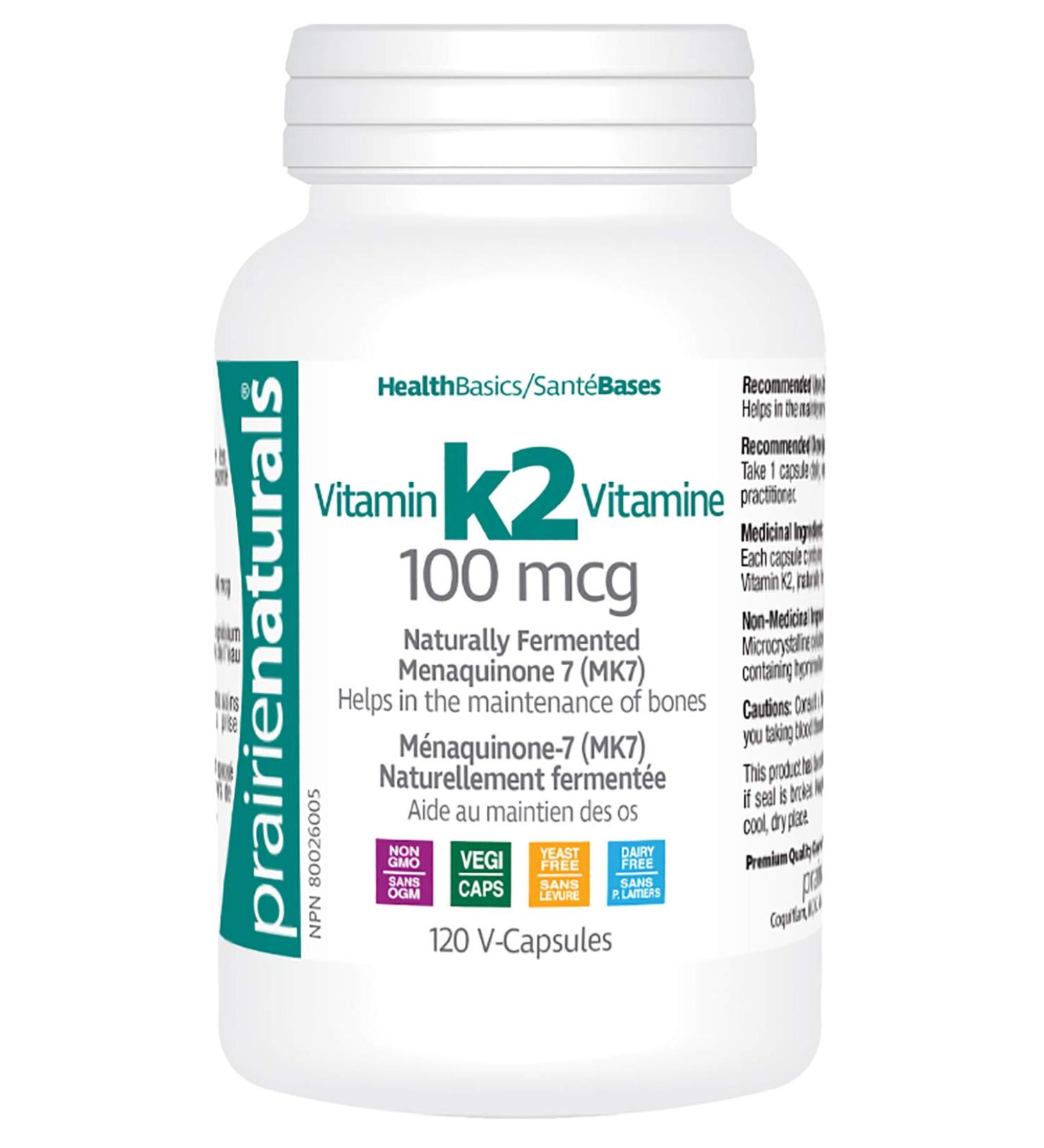 Prairie Naturals Vitamin K2 Mk-7 100mcg helps in the maintenance of bones - 120 Vegan capsules Unflavored 120 count (Pack of 1) - Buy Online on GoSupps.com