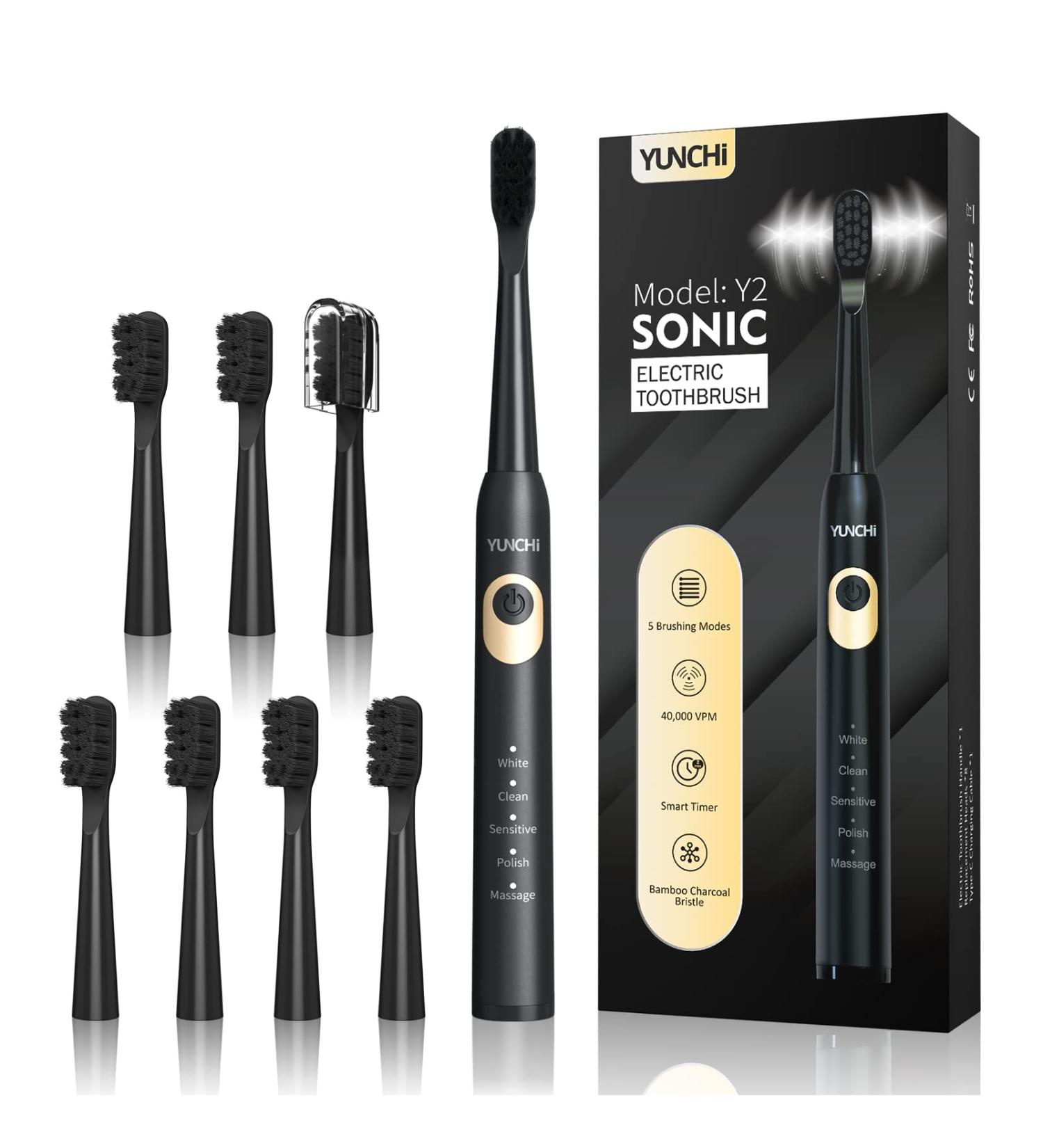 YUNCHI Y2 Sonic Electric Toothbrush - Charcoal Bristles, 5 Modes, Smart Timer, 8 Brush Heads | Deep Clean & Fresh Breath for Adults & Kids - Buy Online on GoSupps.com
