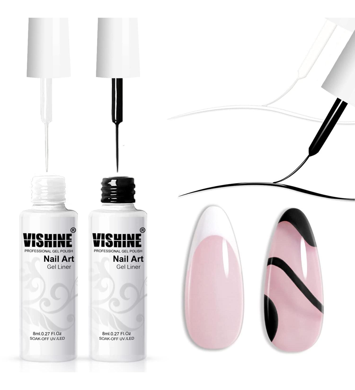 Vishine Gel Polish Nail Art Gel Liner Set - 2 Classic White Black Colors Gel Art Paint for Swirl Nails Euphoria Nail Built Thin Nail Art Brush in Gel Pens Soak off Nail Art Gel Polish - Buy Online on GoSupps.com