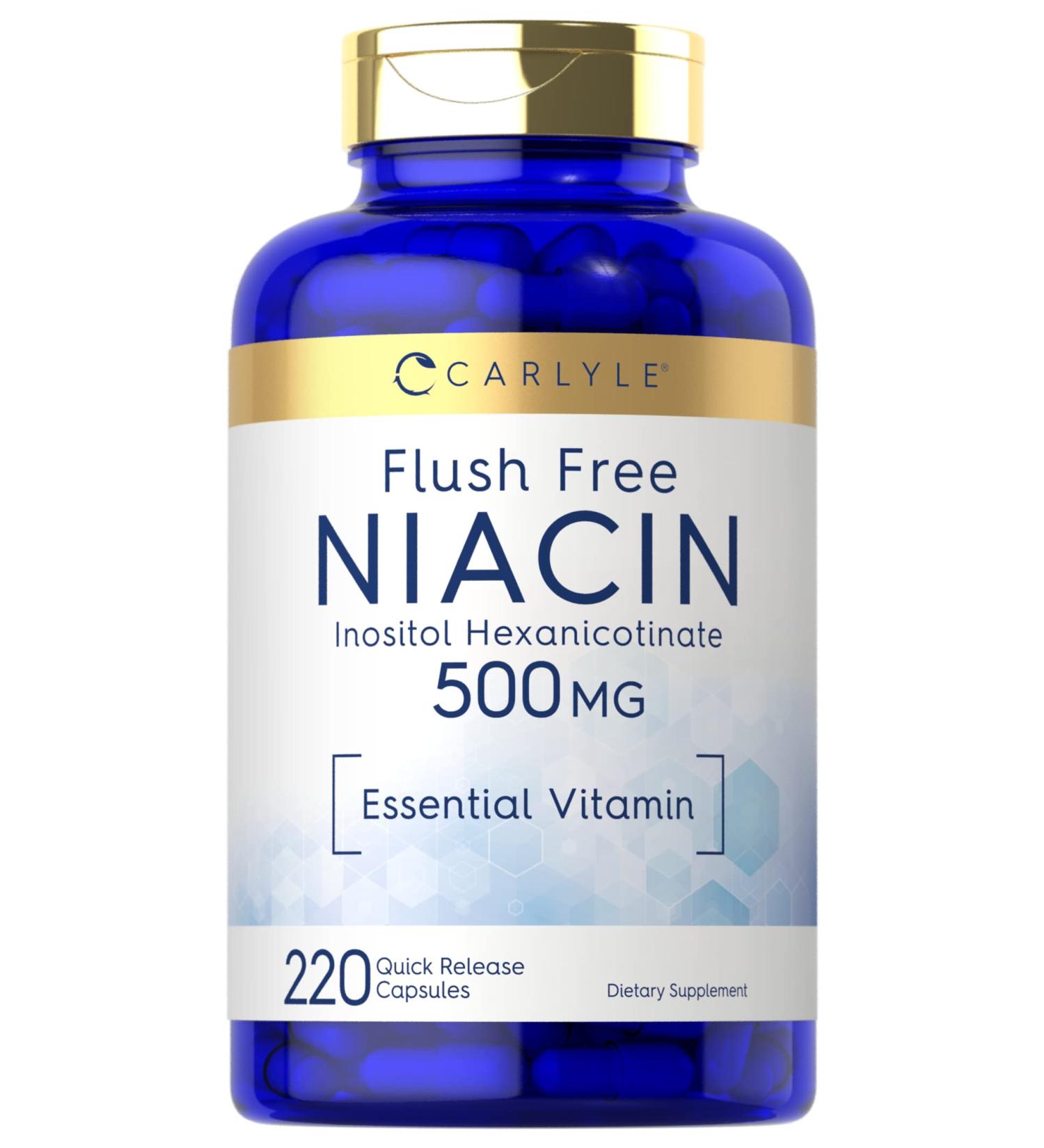 Niacin Flush Free 500mg | 220 Capsules | Non-GMO & Gluten Free | Essential Vitamin by Carlyle - Buy Online on GoSupps.com