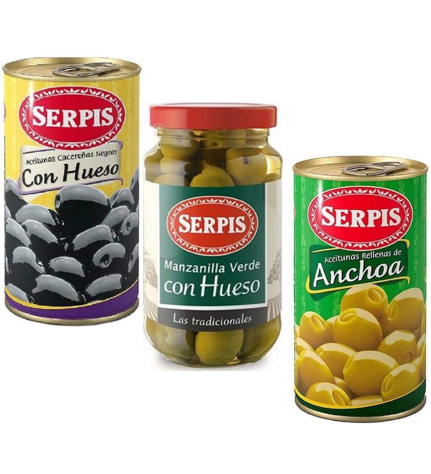 LalolaGourmet - Selection of Spanish Olives El Serpis - Manzanilla Green Olives with Stone - Green Olives Stuffed with Anchovies - Black Cacere as Olives with Bone I Gluten and Lactose Free - Buy Online on GoSupps.com