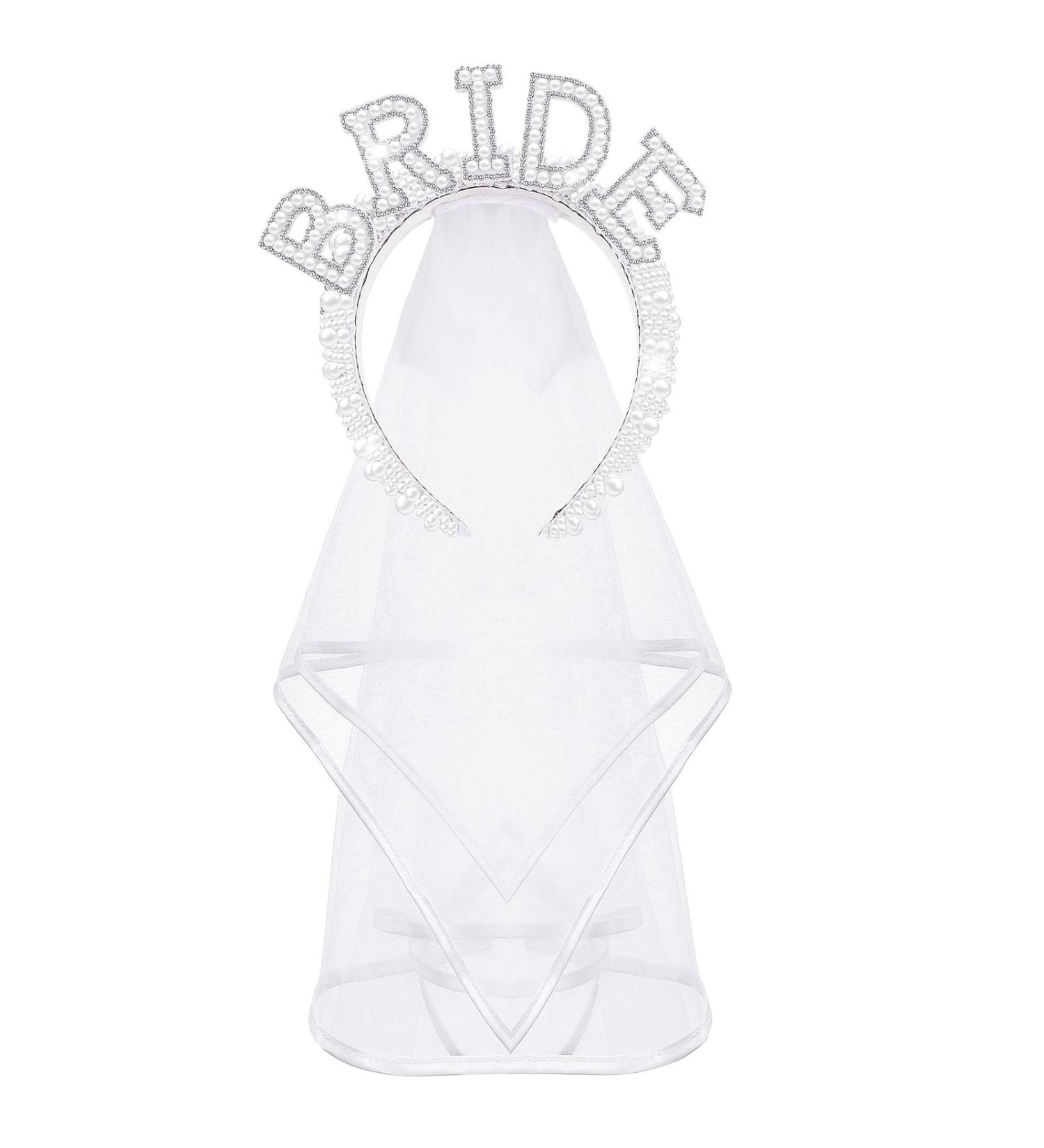 Wavyknot Bride Headband with Veil | Bachelorette Party Decorations and Bridal Headpiece | White Pearl Headband for Wedding Crown | Bachelorette Favors and Bridal Shower Party Gift - Buy Online on GoSupps.com