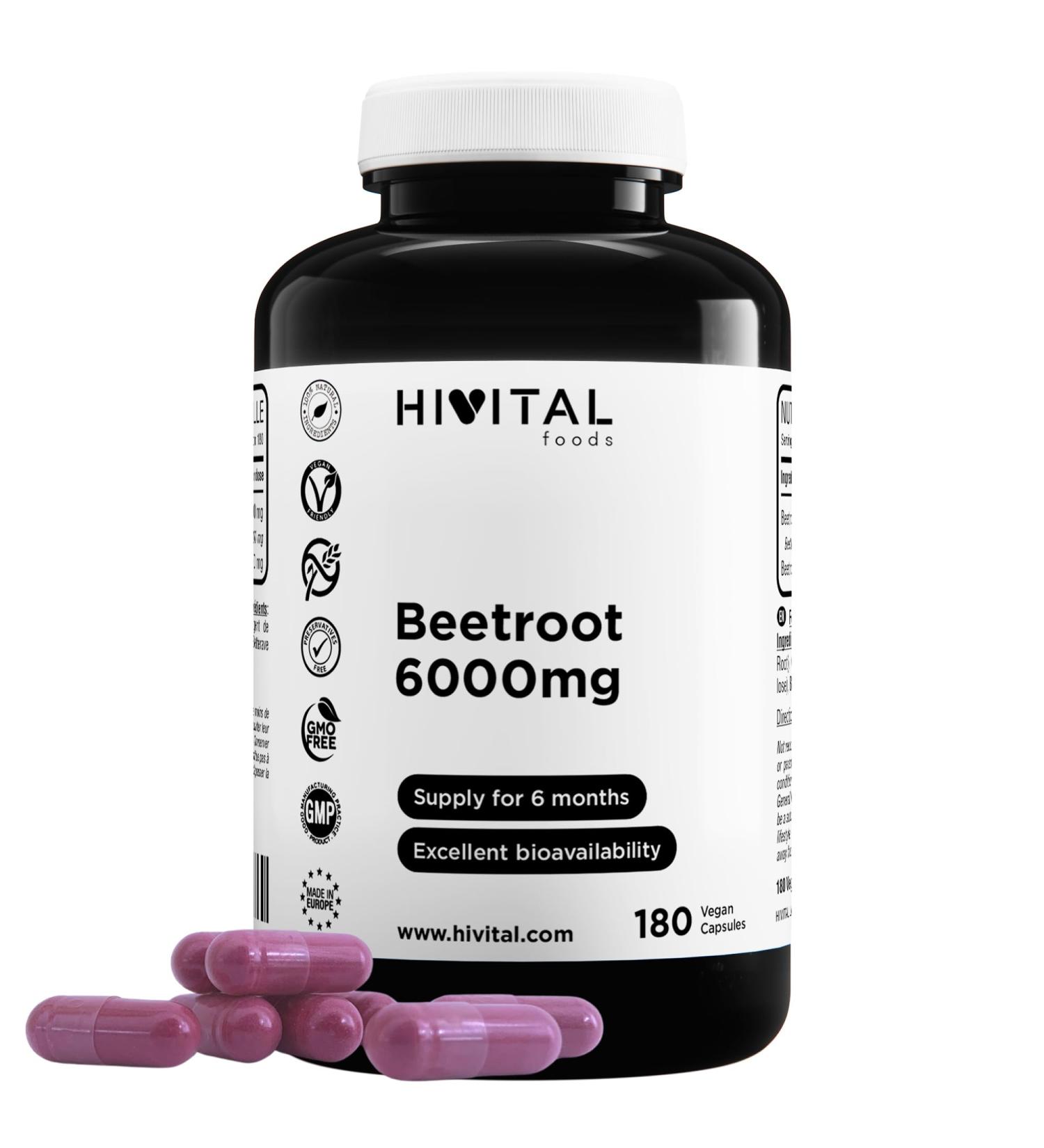 Beetroot 6000 mg 180 vegan capsules for 6 months of treatment Natural beet extract Nitric oxide booster Manufactured in Europe by HIVITAL - Buy Online on GoSupps.com