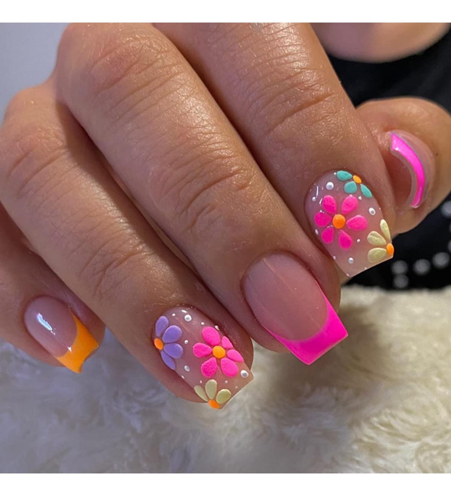 24PCS Medium Square French False Nails with Floral Designs - Nude Pink Acrylic Nail Tips for Women - Glossy Full Cover Press on Nails - Buy Online on GoSupps.com