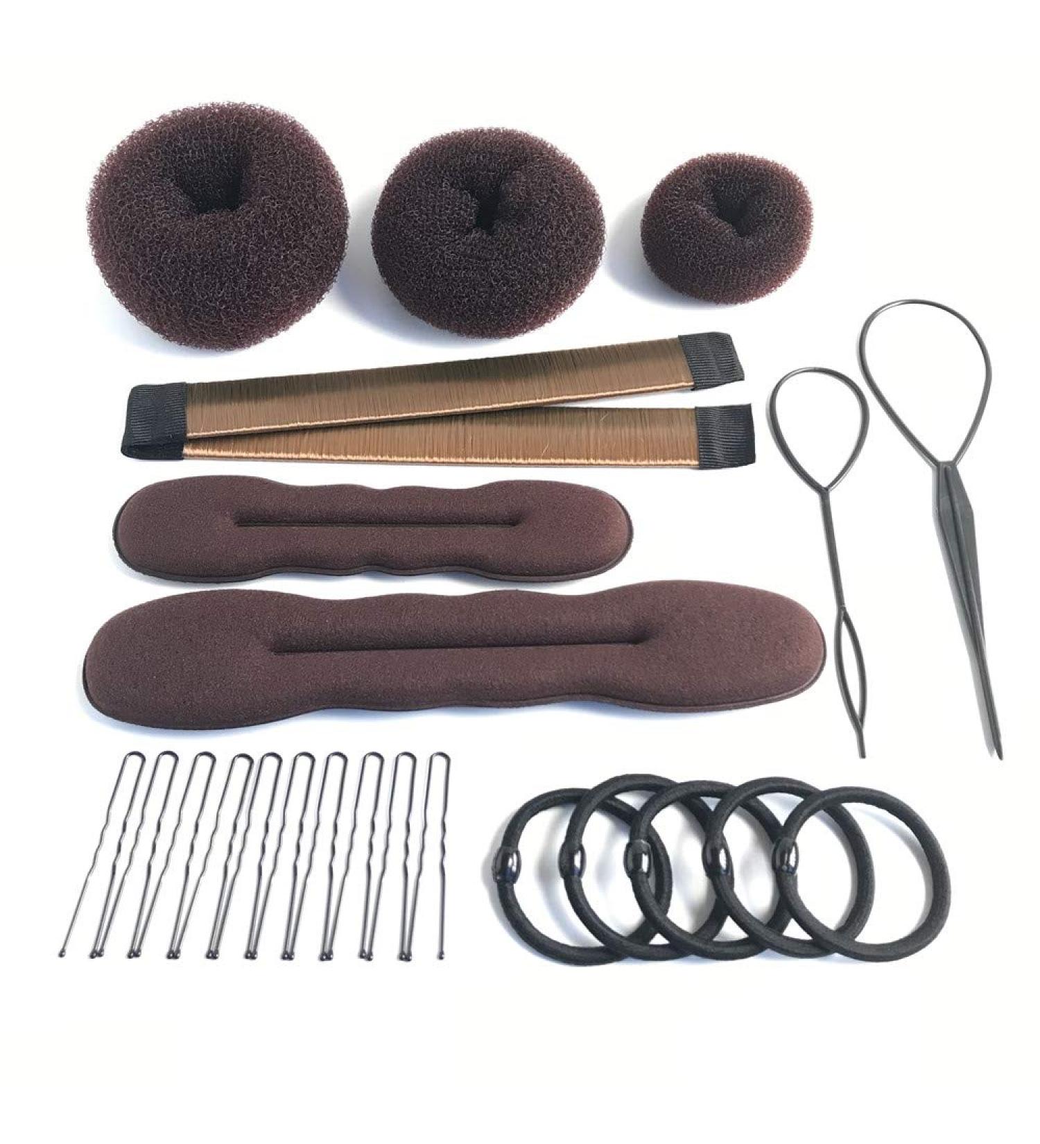 iFlyMars 3PC Hair Donut Bun Makers + 2PC Foam Sponge Shapers + French Twist Clip + Snap Bun Makers + 10 Elastic Bands + 20 Hair Pins (Brown) | Hairstyle Kit - Buy Online on GoSupps.com