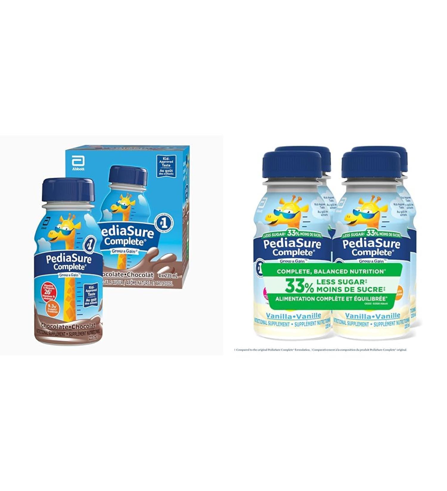 PediaSure Complete Nutritional Supplement 4 x 235 mL Chocolate Kids nutritional shake & PediaSure Complete Reduced Sugar 33% Less Sugar Nutritional Supplement 4 X 235 ml Vanilla 940 ml - Buy Online on GoSupps.com