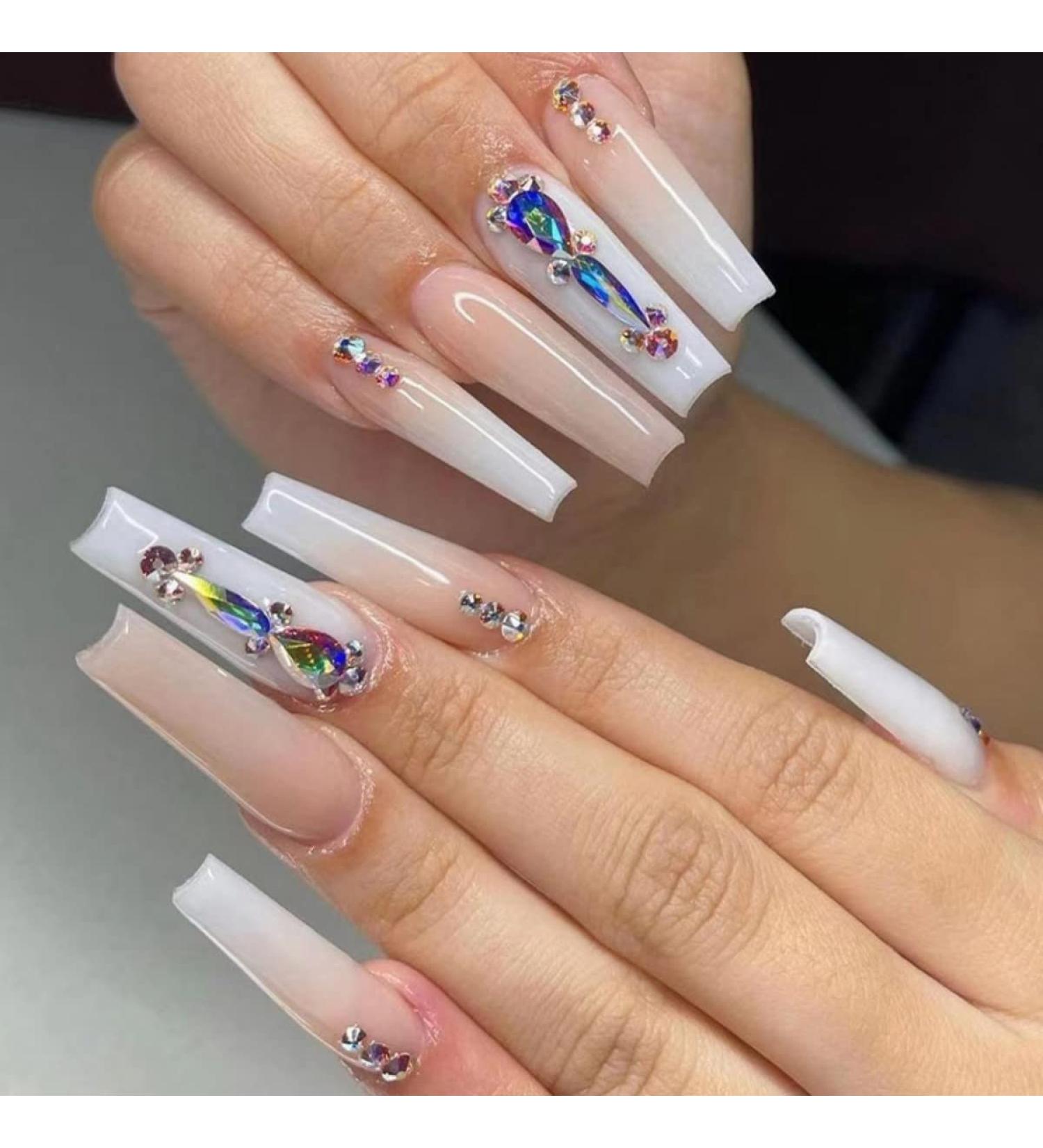 Justotry 24 Pieces Marble Sarg Nails - Brown French Ballerina Art Press-On Nails with Rhinestones & Glue - Medium Coffin Fake Fingernails for Women - Buy Online on GoSupps.com