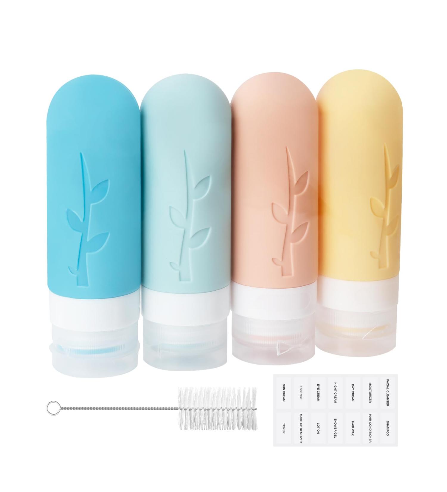 Buy Aiqinu Silicone Travel Bottles Set - 4 Leak-Proof 90ml Containers with Labels & Brush | BPA-Free | Perfect for International Travel - Buy Online on GoSupps.com