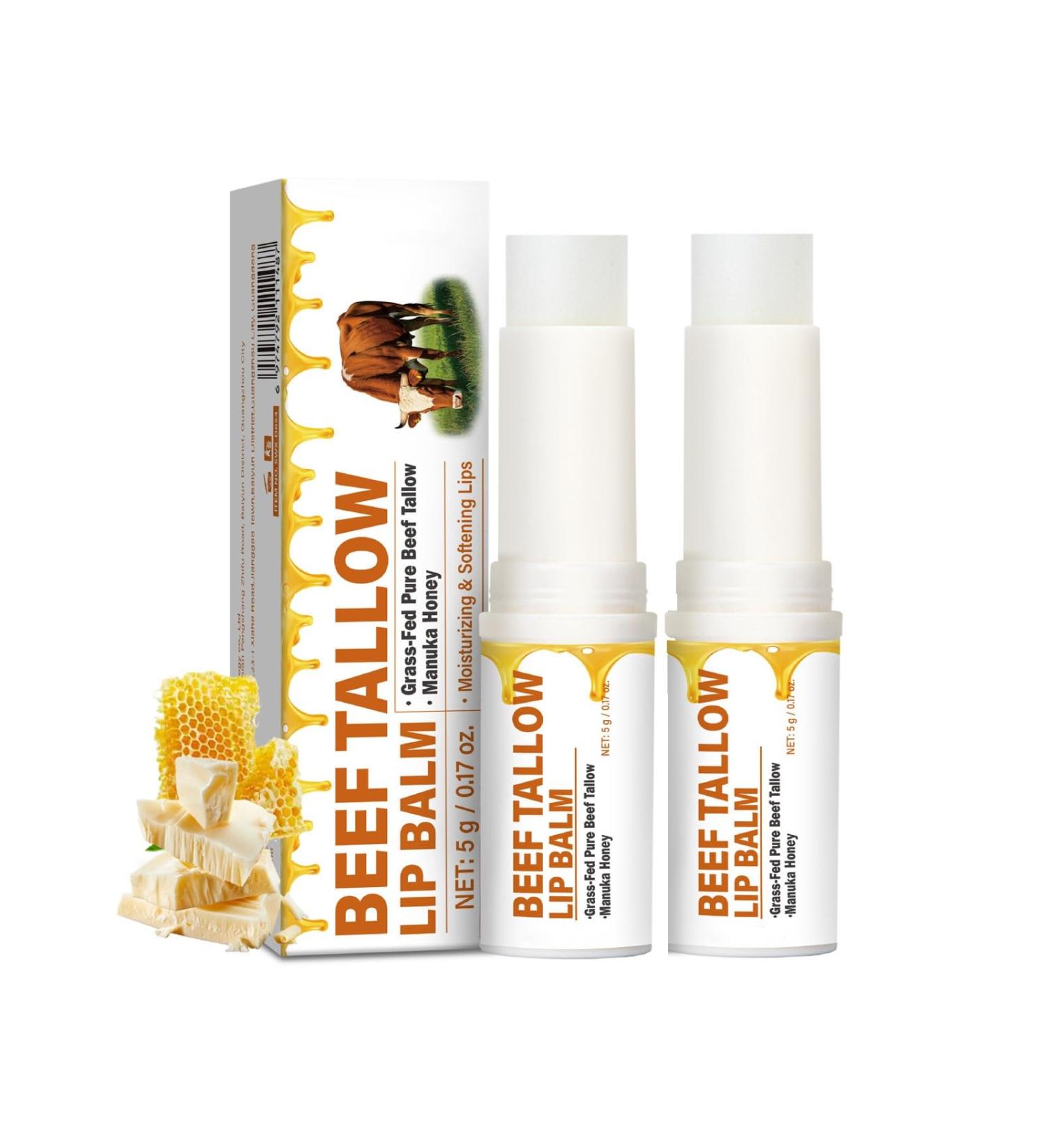 Beef Tallow Lip Balm Natural Grass Fed Beef Tallow & Honey Chapstick Rich Vitamins Long Lasting Hydrating & Nourishing Tallow Balm Lip Care Soothes Chapped Dry Sensitive Lips - 2 Pack - Buy Online on GoSupps.com
