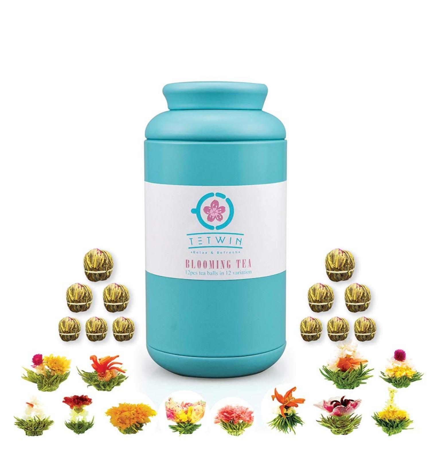 TETWIN Blooming Tea 12 Varieties Gift Canister - Hand-Tied Flowering Tea with White Tea Leaves and Edible Flowers (12 Count) - Buy Online on GoSupps.com