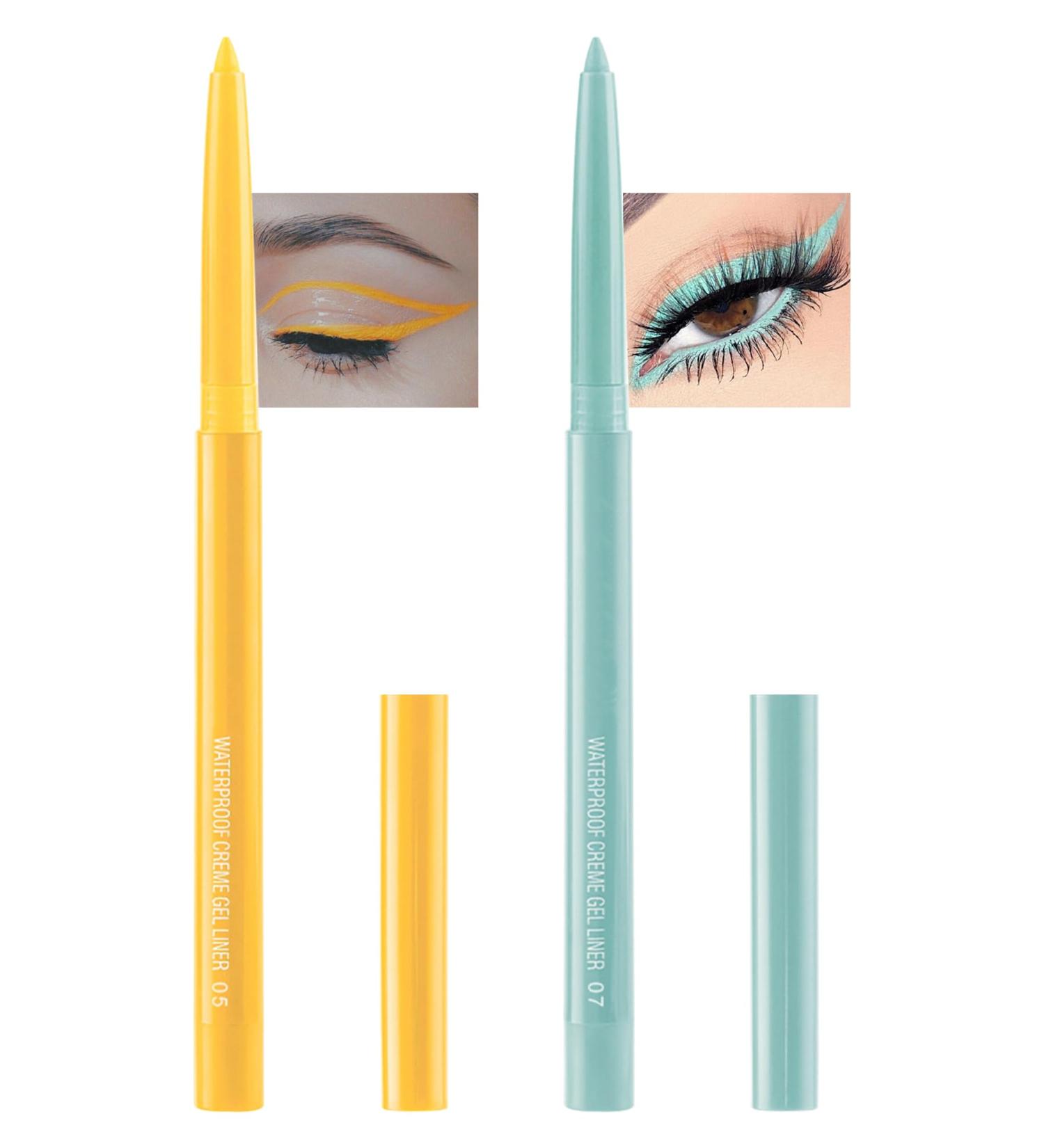 Yellow & Green Gel Eyeliner 2 Colors Eyeliner Crayon Pencil Waterproof Long Wear Smudge-Proof Retractable Eyeliner Pen Matte Cream Waterline Eyeliner Delineador De Ojos Eye Makeup for Festival(05+07) - Buy Online on GoSupps.com
