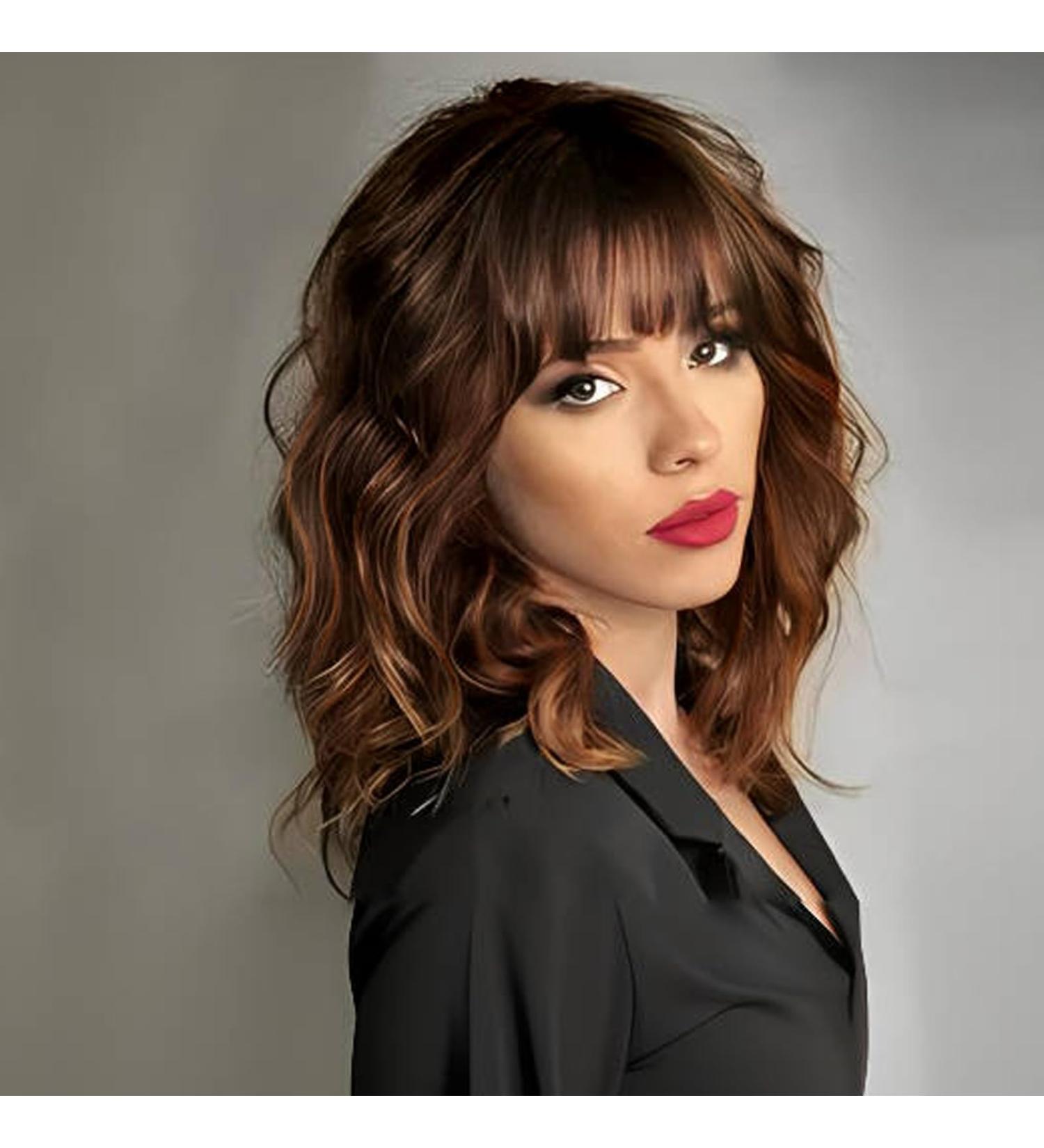 WOKESTAR Brown Curly Wavy Bob Wig with Neat Fringe and Highlights - Synthetic Wigs for Women - Buy Online on GoSupps.com