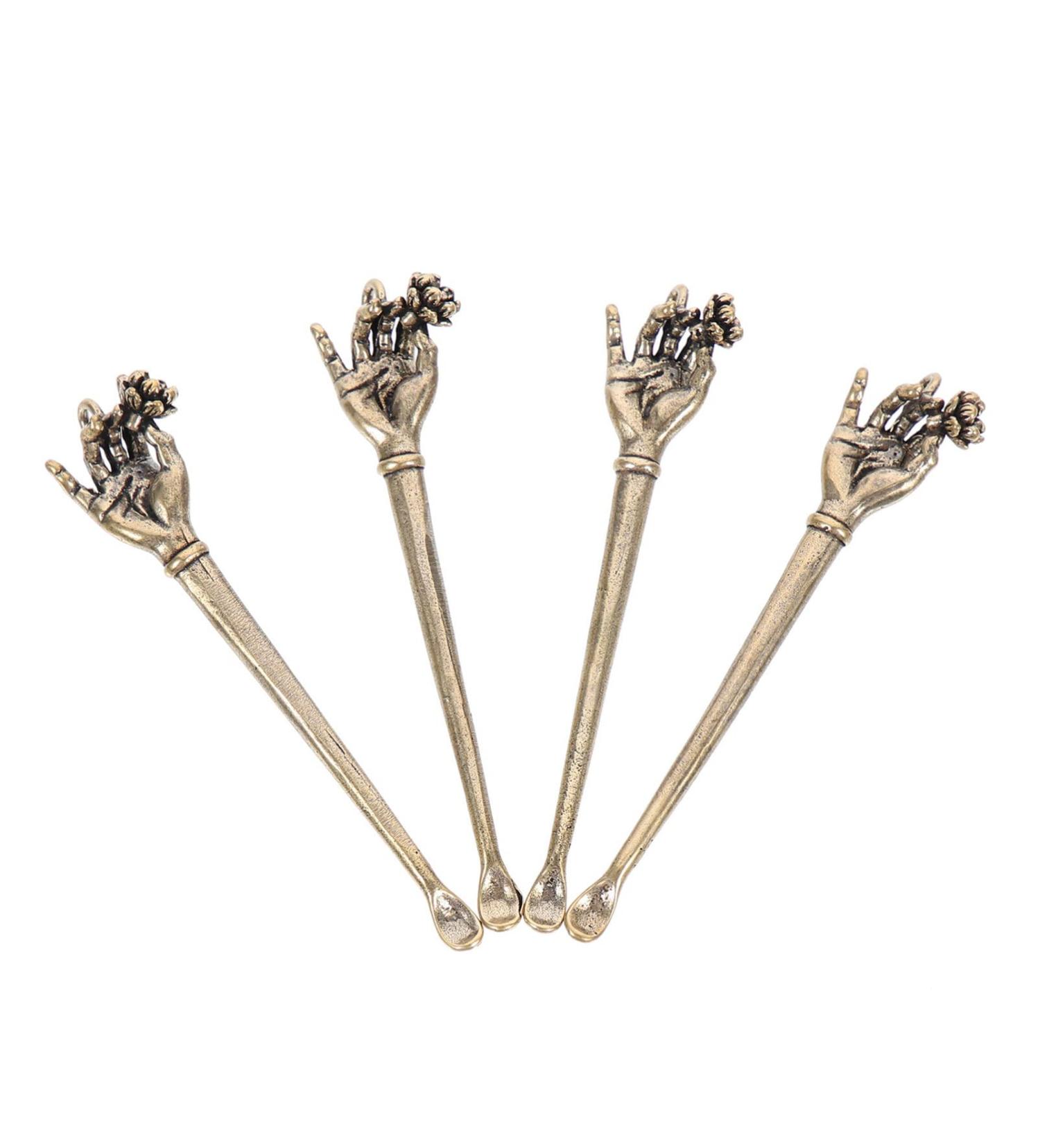 Vintage Rose Charms Brass Ear Gold Spoons Set - 4Pcs | Tiny Miniature Tea Powder Shovel Scoop Pick Curette Cleaner - Buy Online on GoSupps.com